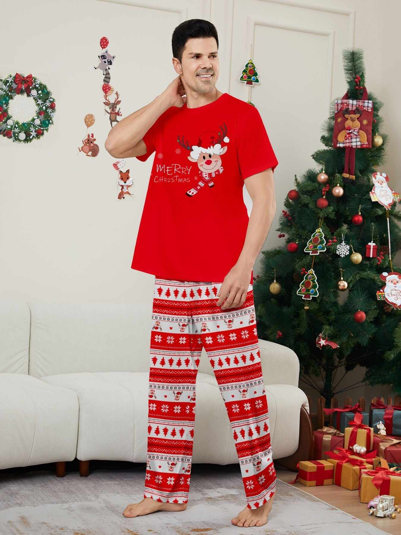 Fawn Printed Short Sleeve Family Matching Christmas Pajamas Sets