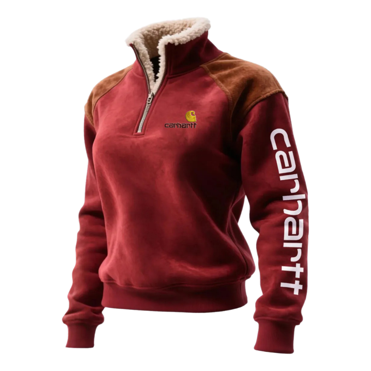 Women's Suede Contrast Color Stitching 1/4 Zip Stand Collar Sweatshirt-Red