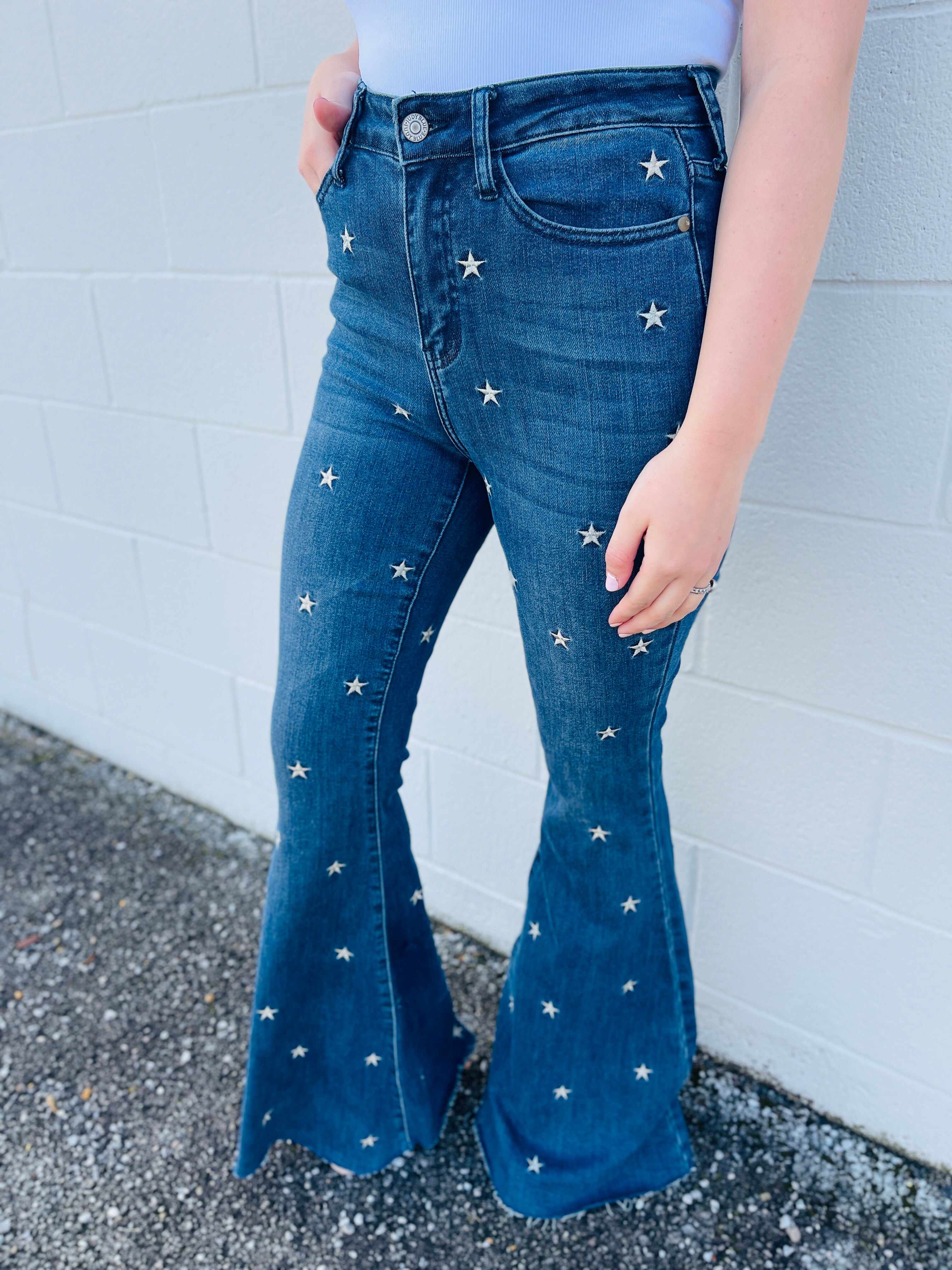 PLUS/REG Wishing On A Star Embroidered Flared Jeans