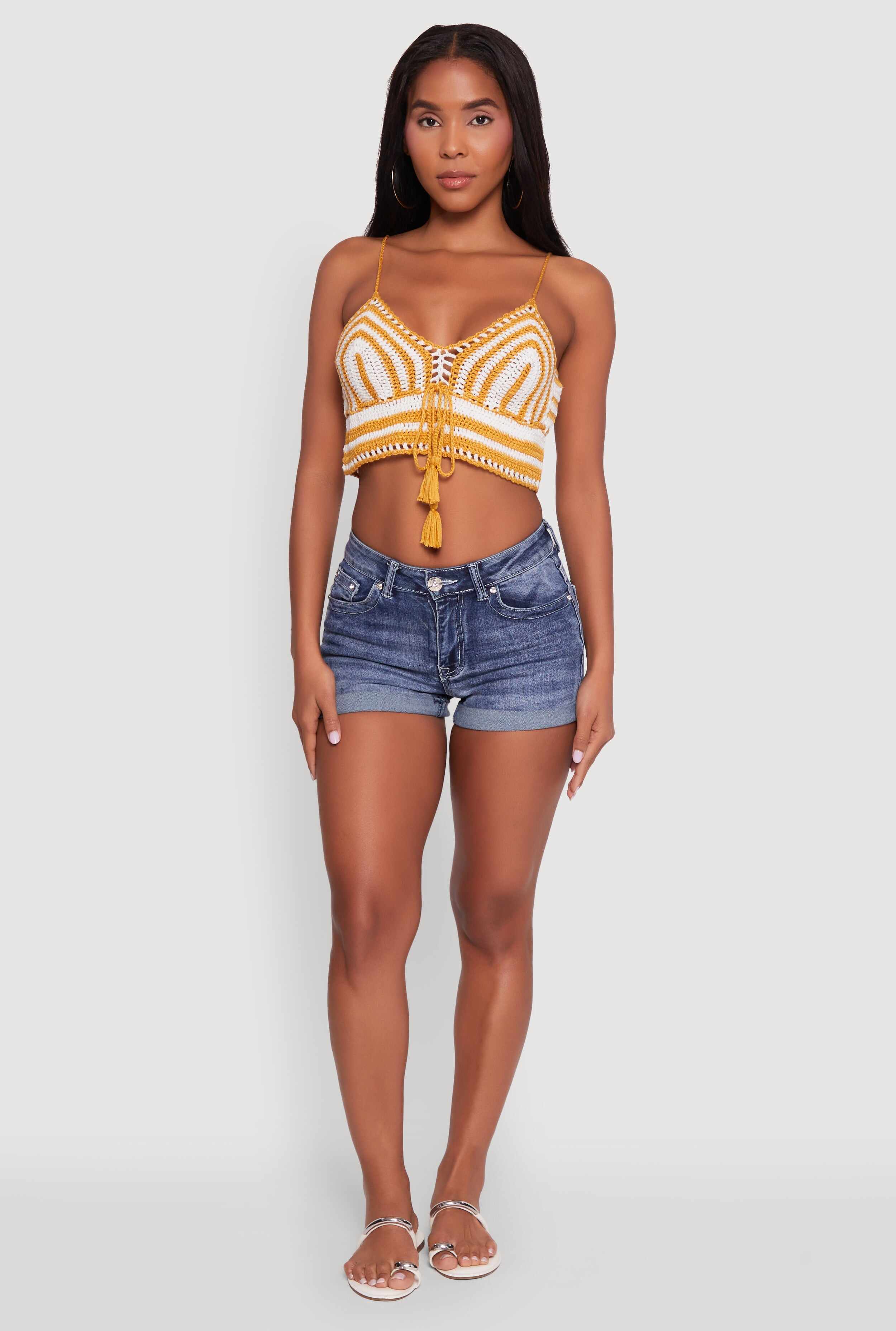 Trendy Crochet Striped Sleeveless Crop Top with Tassel Tie Front