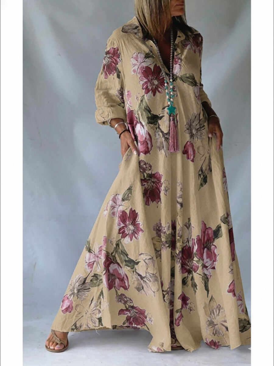 🔥Summer Arrivals🌟Loose-fitting Casual Linen And Cotton Floral Print Shirt Dress