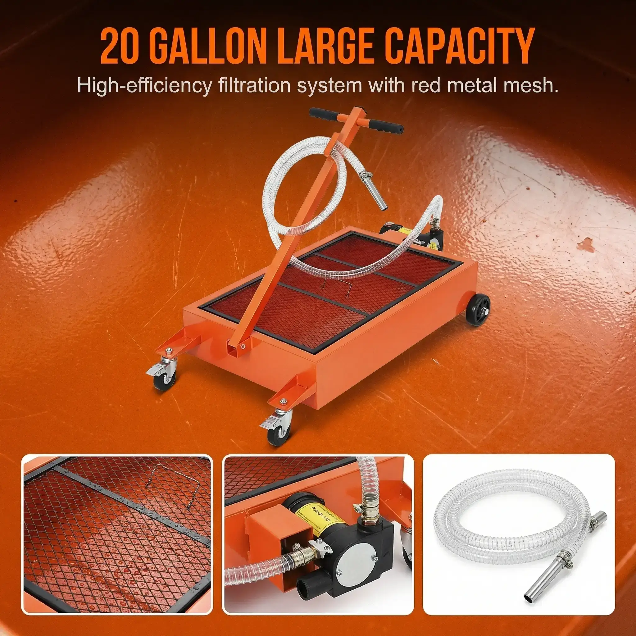 Oil Drain Pan-20/15 Gallon Low Profile  with Pump (Electric/Manual Options),Heavy Duty Portable Waste Fluid Drain Tub with 8ft Hose & Folding Handle for Trucks, SUVs, Cars