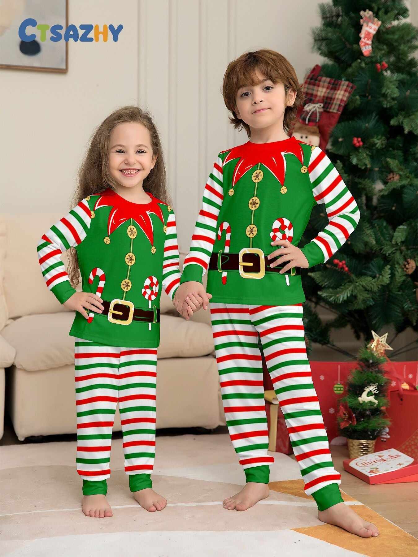 2024 3D Print Christmas Family Pajamas Red Green Striped Crutch Xmas Pajamas