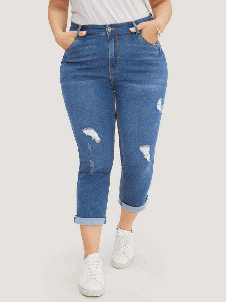 Very Stretchy  Dark Wash Roll Hem Cropped Jeans