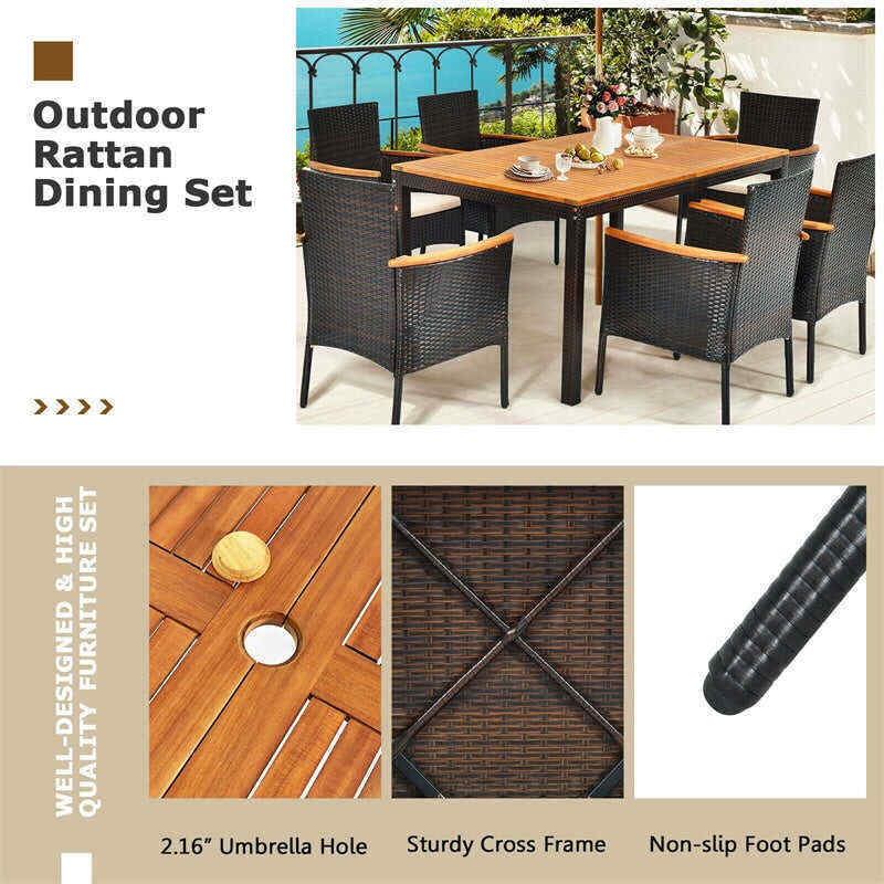 7 Piece Rattan Patio Dining Set with Acacia Wood Table & Stackable Wicker Chairs