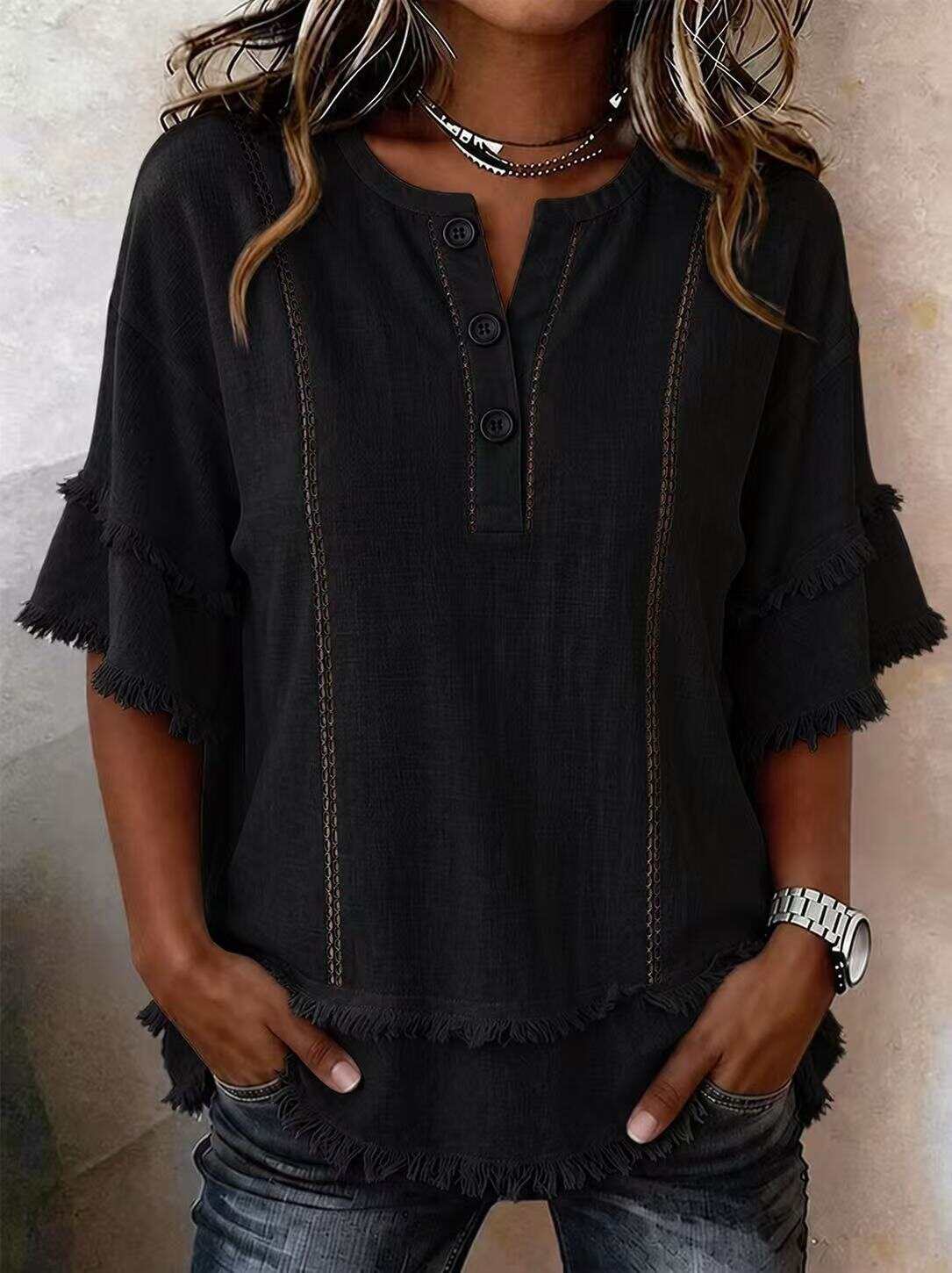 New Printed Button-Front Henley Frayed Lace Trim Top