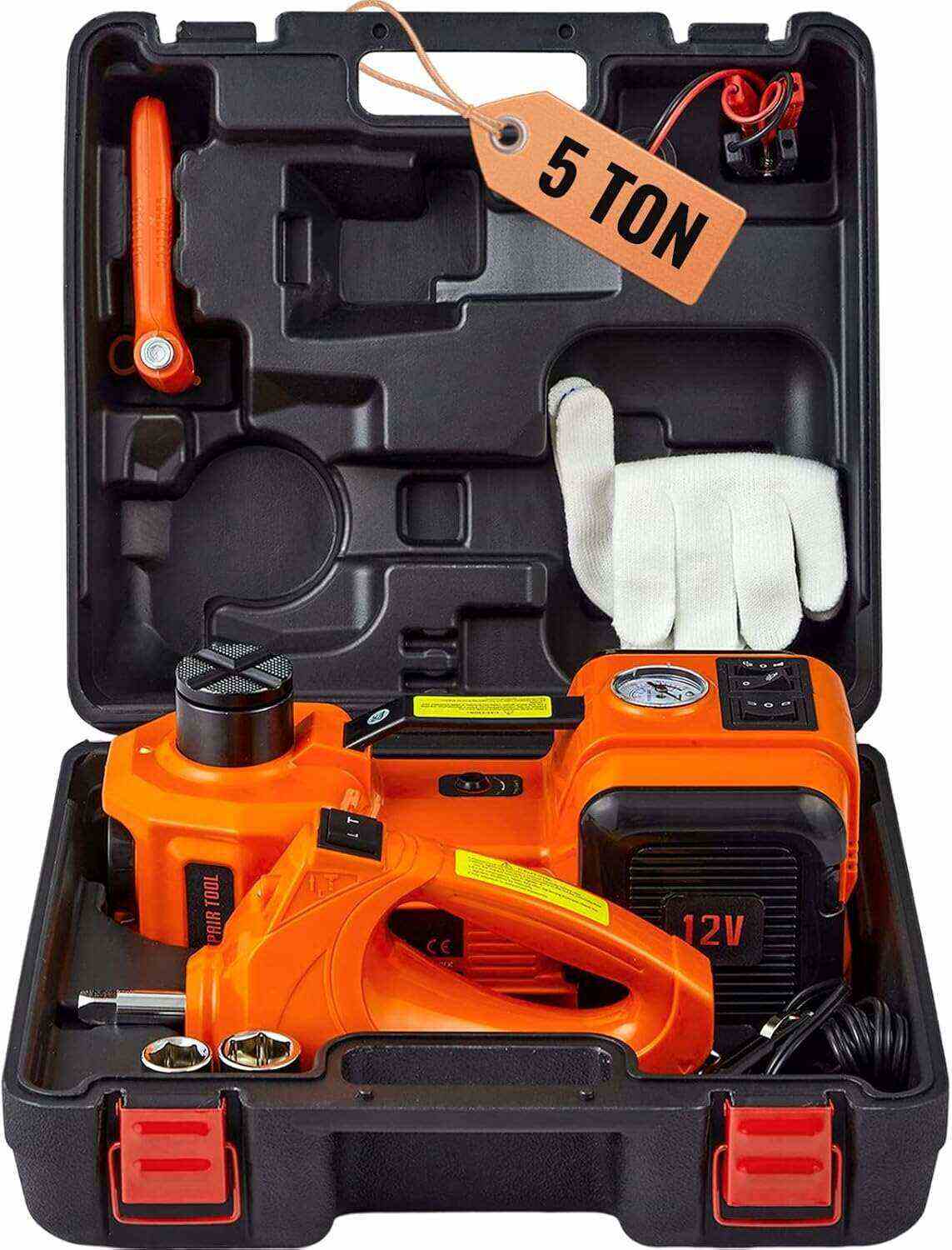 5 Ton Electric Car Jack Set with Electric Impact Wrench, Built-in Inflatable Pump & LED Light, for SUV MPV Sedan Truck Tire Changing & Garage Repair