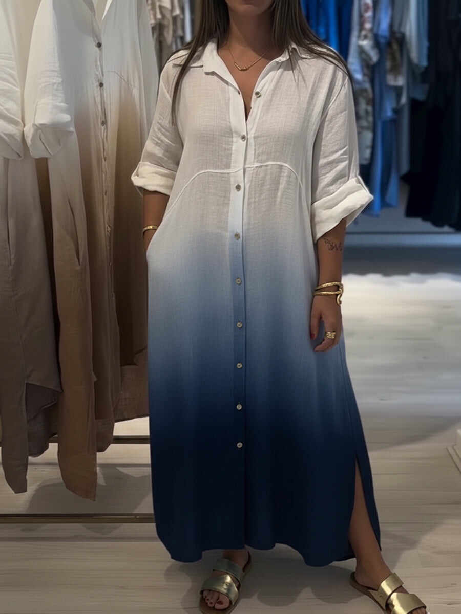🔥Summer Arrivals🌟Casual Gradient Color Linen And Cotton Shirt Dress