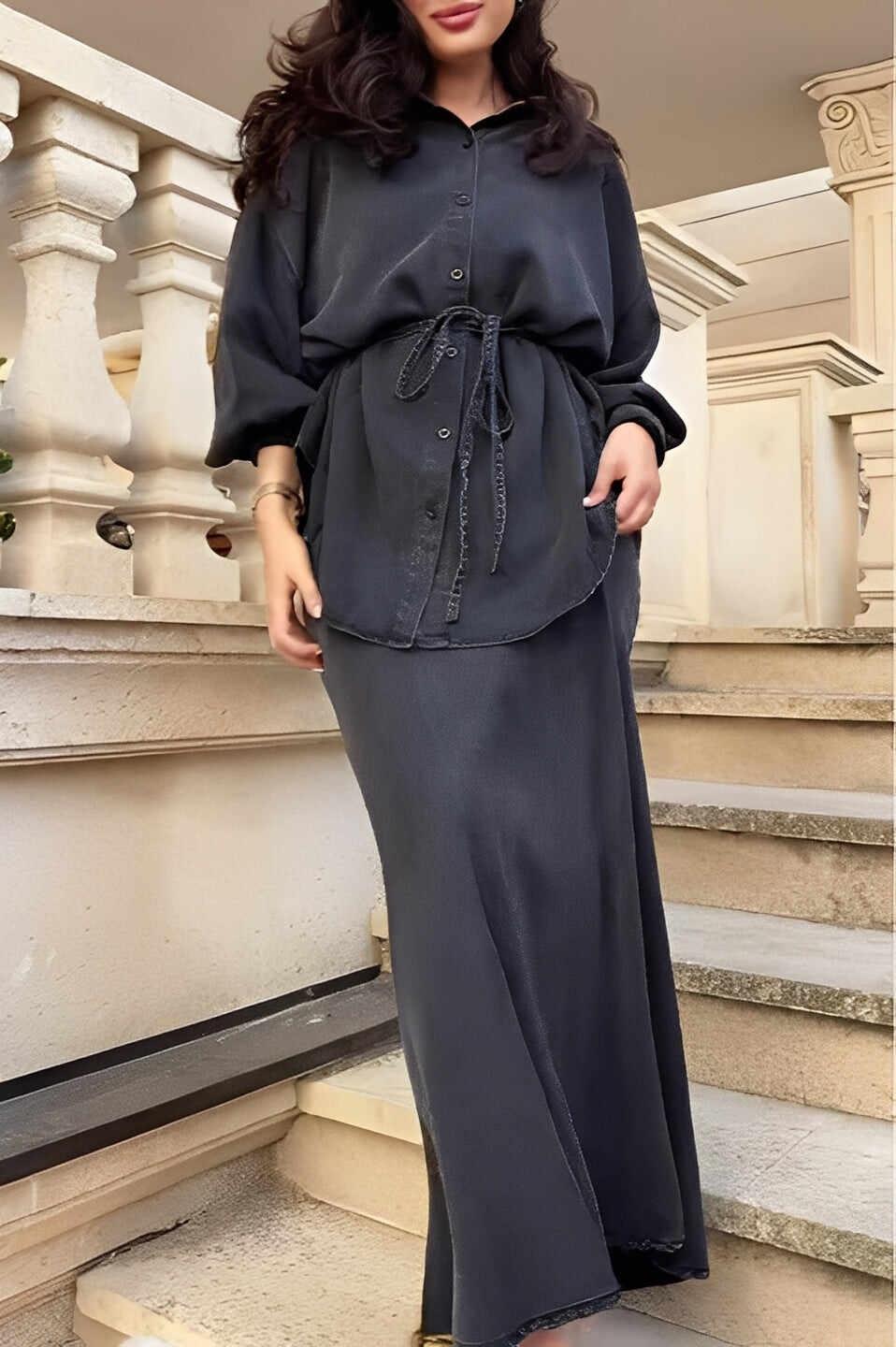 Long-sleeved Tie-Drawstring Shirt and Skirt Set