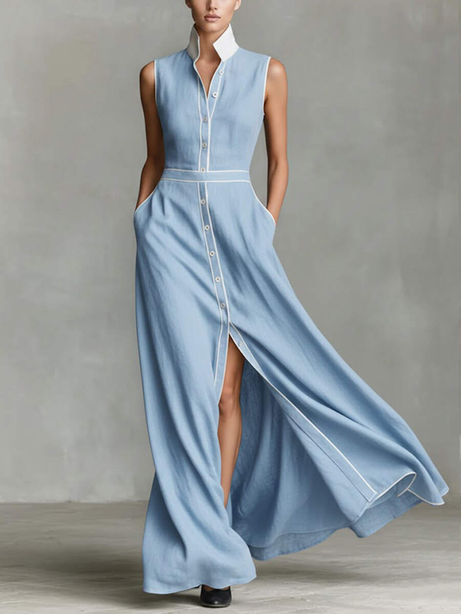 🔥Summer Arrivals🌟Women's Collared Sleeveless Casual Loose Long Cotton Linen Dress