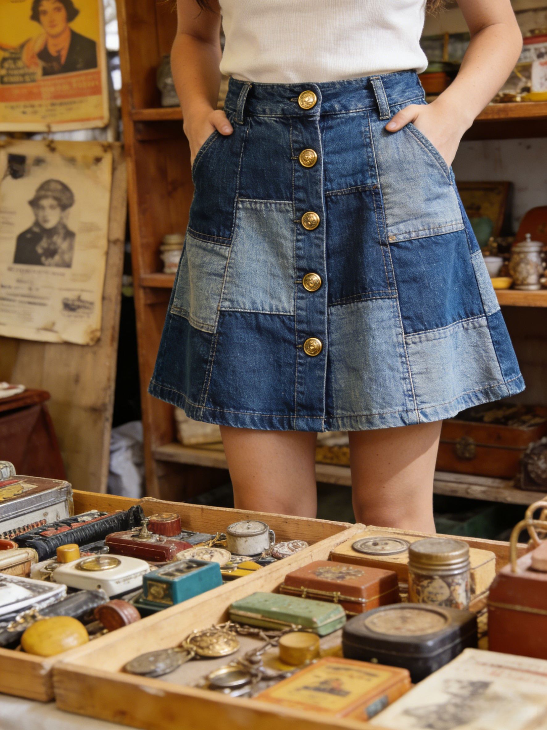 Vintage Blue Patchwork Button Denim A Line Skirts