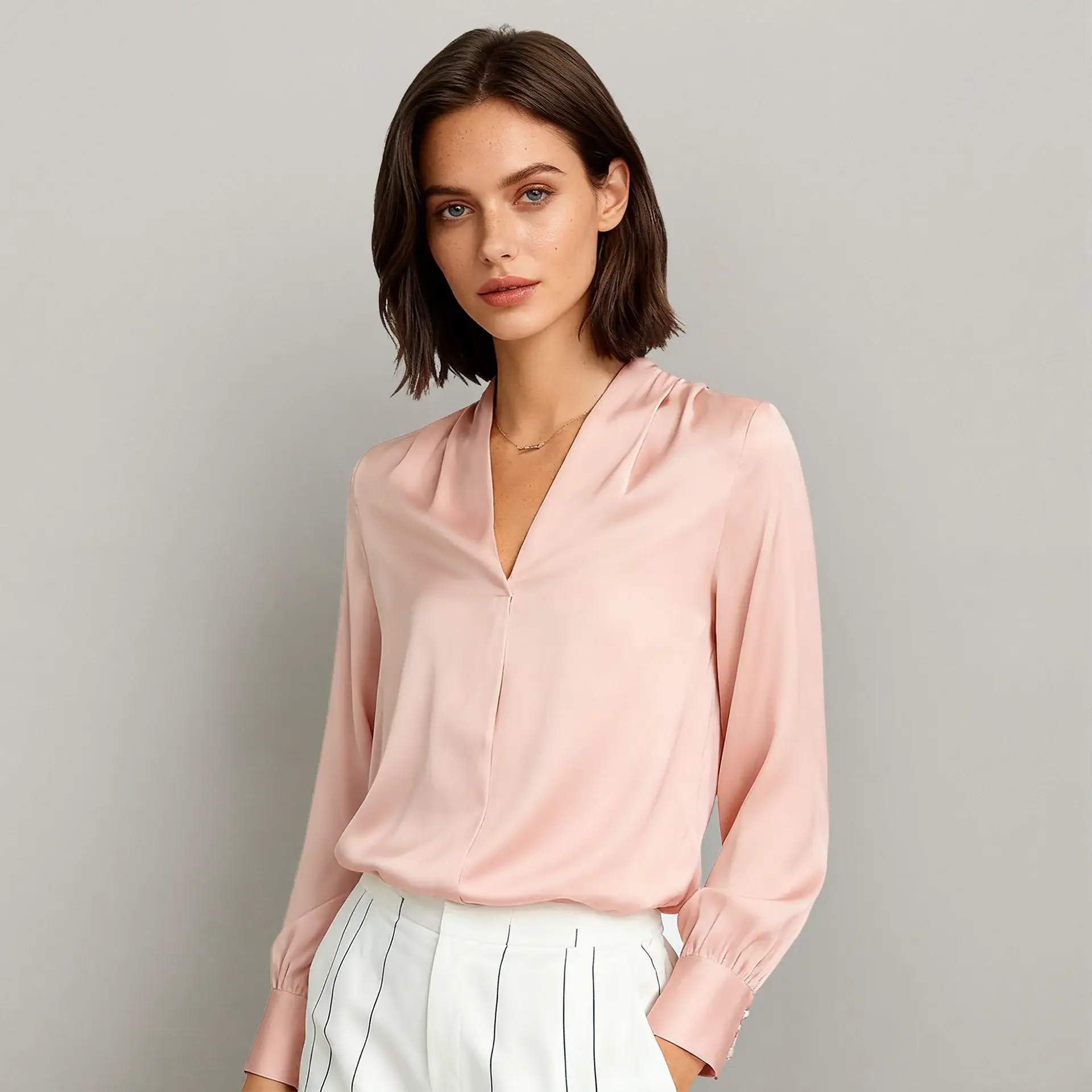Spring V-neck Silk Shirt for Women