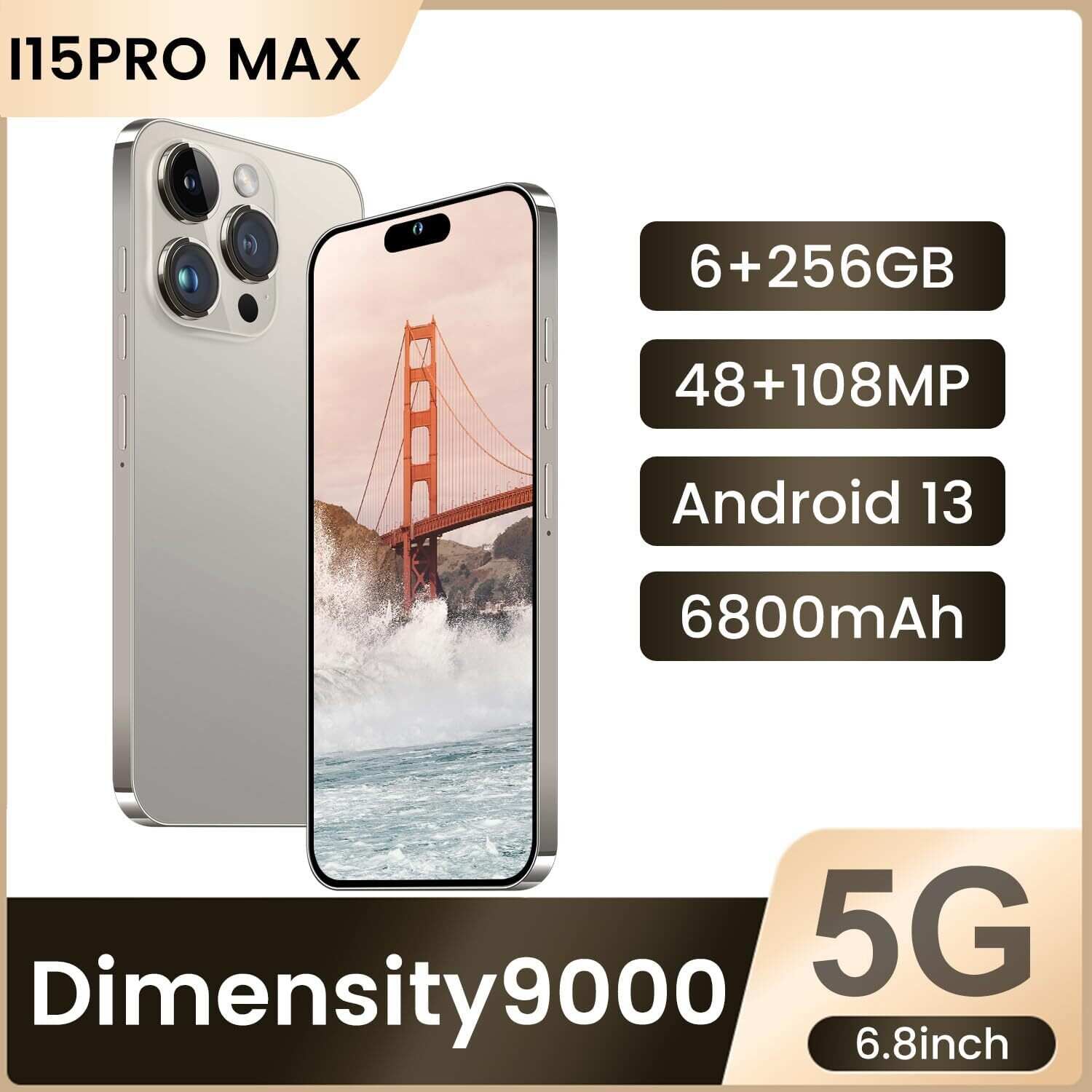I15 Pro MAX Smartphone Unlocked Cell Phone,Battery 6800mAh 6.8 HD Screen Unlocked Phone,6+256GB Android 13 with 128GB Memory Card,Dual SIM/5G/Fingerprint Lock/Face ID (Blue Titanium, 6+256)