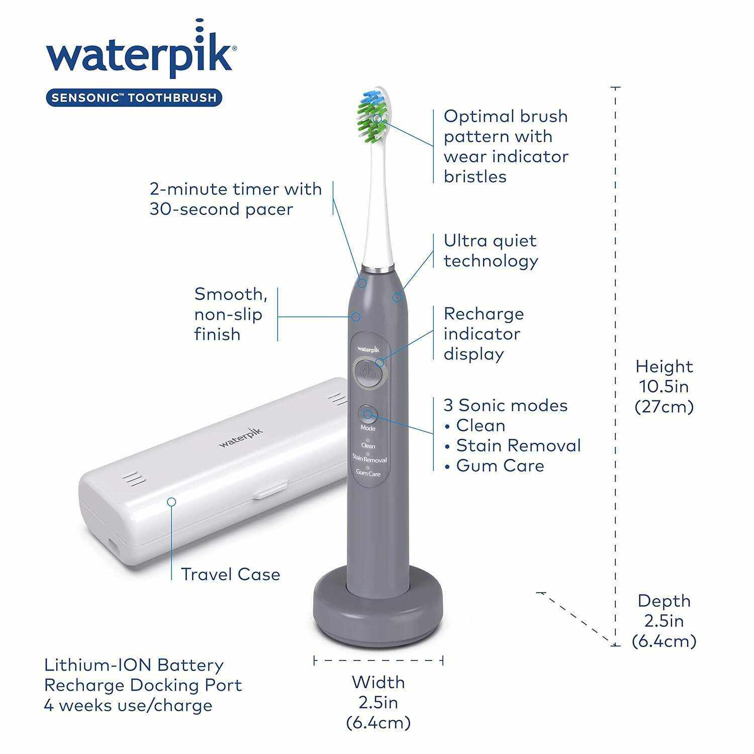 Waterpik Sensonic Sonic Electric Toothbrush, Rechargeable Toothbrush for Adults with 3 Modes, Travel Case, USB Charger, White STW-03W020
