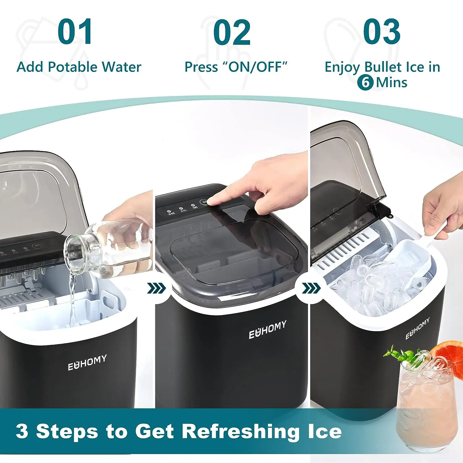 Ice Maker Countertop with Handle, 26lbs in 24Hrs, 9 Ice Cubes Ready in 6 Mins, Auto-Cleaning Portable Ice Maker with Basket and Scoop, for Home/Kitchen/Camping/RV. (2026 New Silver) Utensils