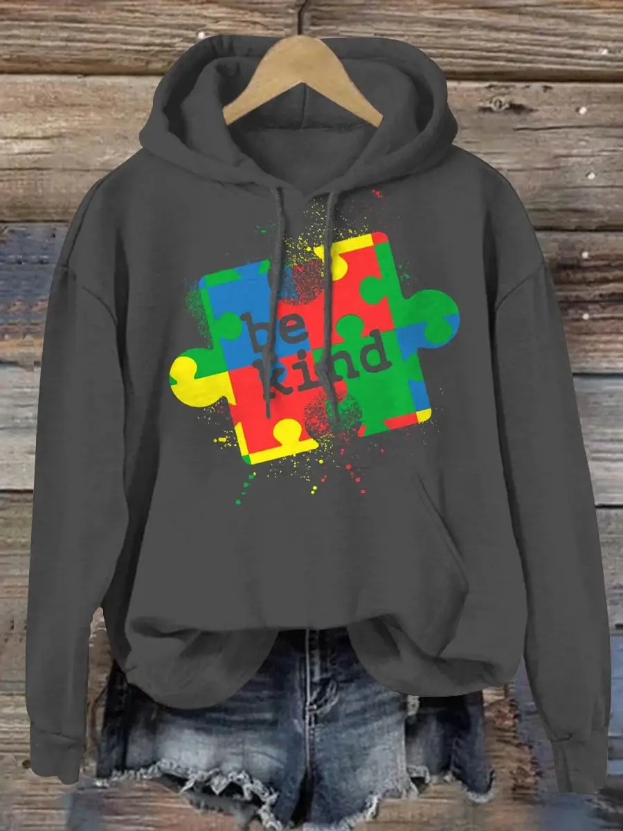 Be Kind Puzzle Piece Splatter Autism Awareness Print Casual Hoodie
