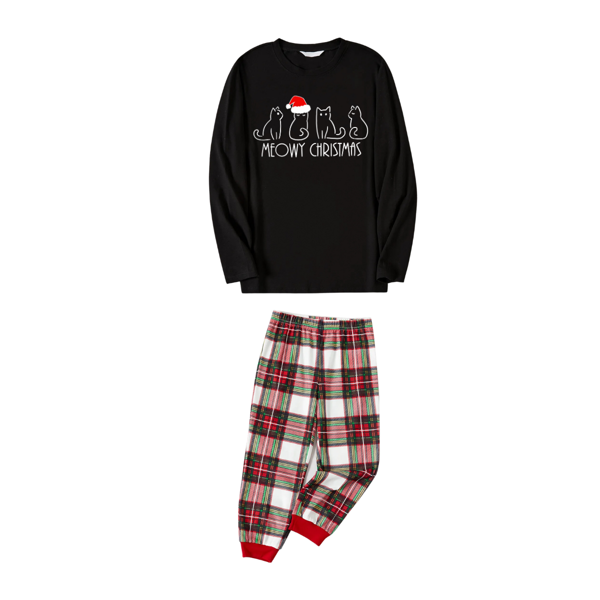 Christmas Cat Print Black Long Sleeve Top with Red & White & Green Plaid Family Matching Pajamas