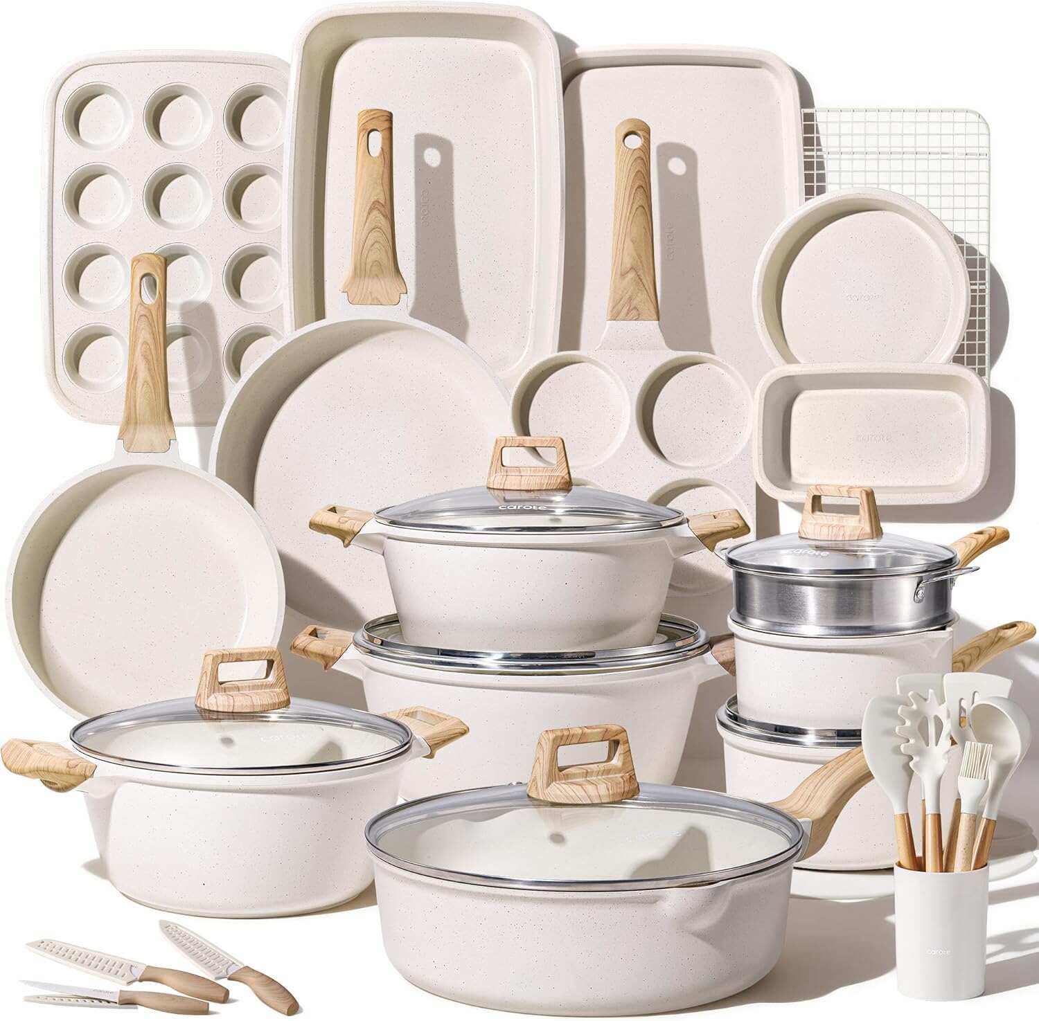 CAROTE ICE 35pcs Pots and Pans Set, Nonstick Cookware Sets, White Granite Induction Cookware with Kitchen Knife Set