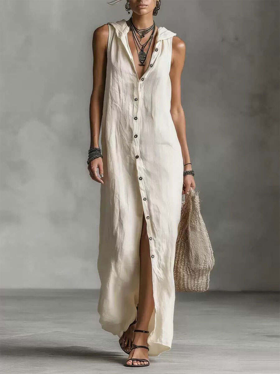 🔥Summer Arrivals🌟Women's Retro Hooded Solid Color Long-sleeved Cotton Linen Dress