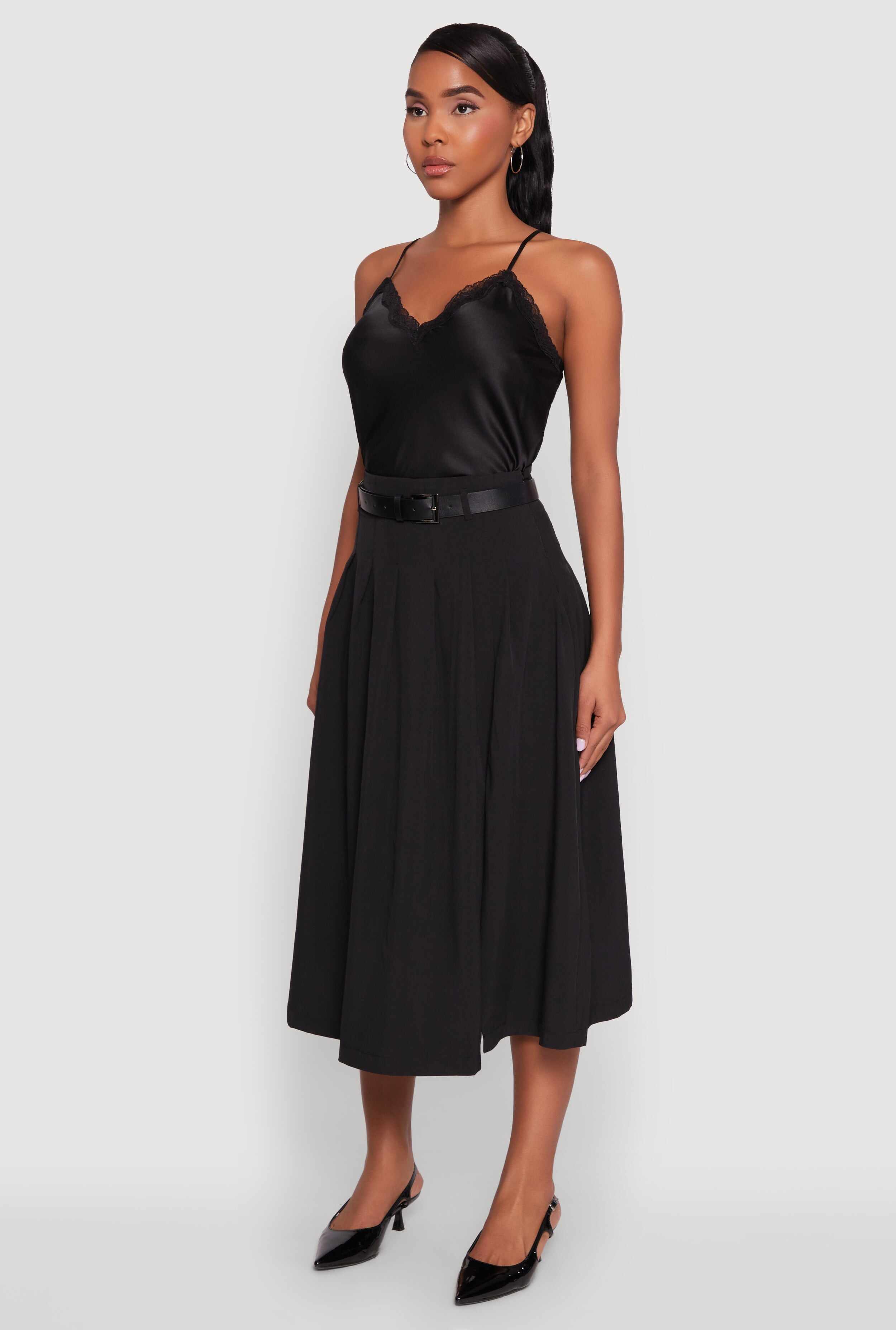 Trendy High Waisted Pleated Mid Length Skirt with Belt