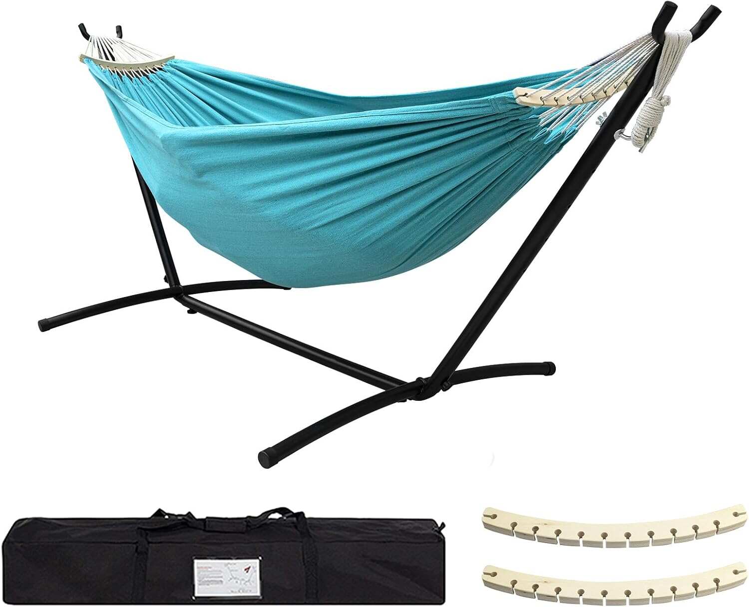 Double Hammock with Stand Included 450lb Capacity Steel Stand, Premium Carry Bag Included and Two Anti Roll Balance Beam, Portable Hammock with Stand for Backyard, Camping,Garden Brown Stripes