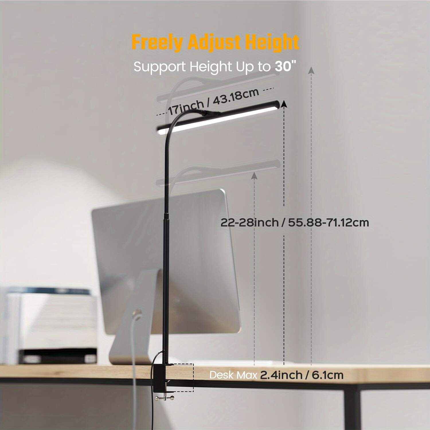 Desk Lamp for Home Office, Eye-Caring Desk Light with Adjustable Gooseneck, 12W Touch Control Dimmable Brightness, Architect Clamp Lamp for Computer Monitor