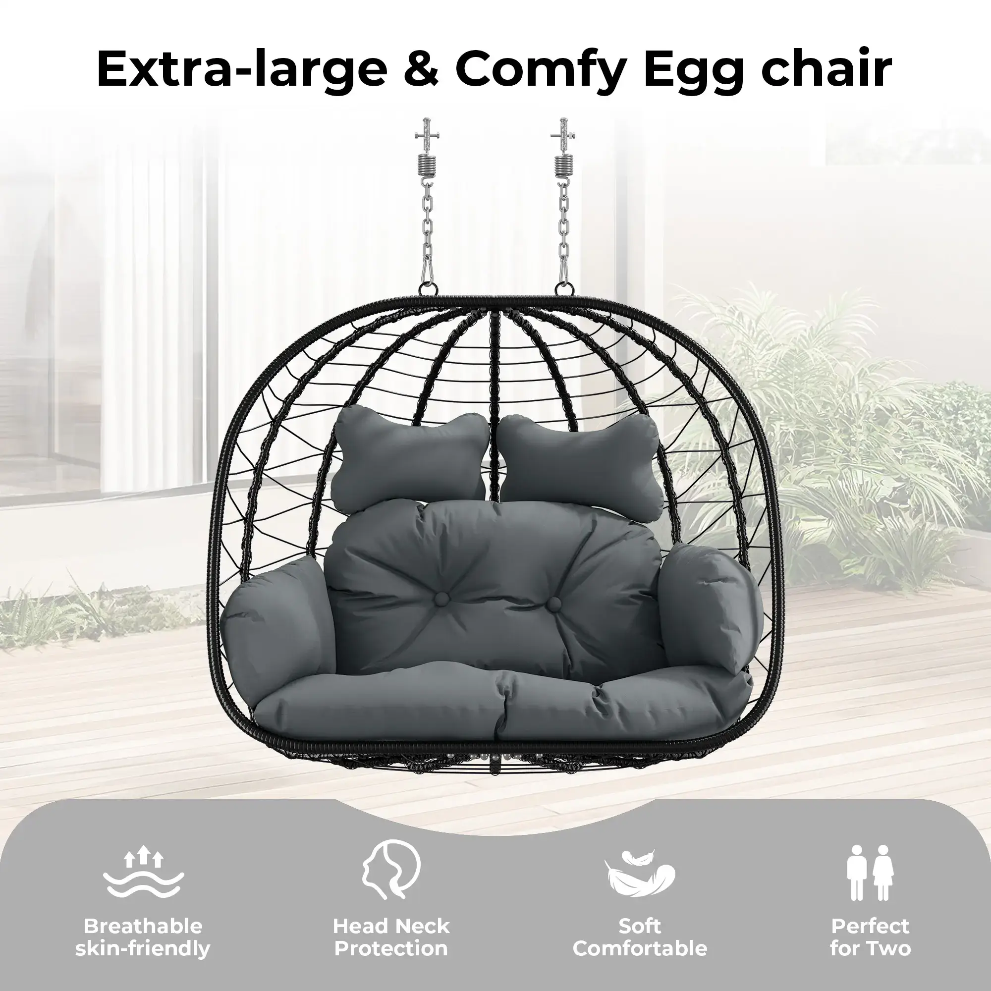 [dealsforyoudays] Double Egg Chair with Stand for Patio, Outdoor Indoor Hanging Swing Chair with Cushions, Wicker Rattan, 700lbs Capacity, Waterproof Sunproof for Balcony Garden Porch, ChristmasGift