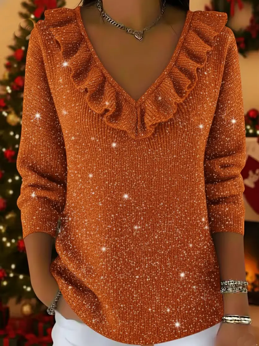 🔥Summer Arrivals🌟Christmas Elegant V-neck Ruffled Sparkly Sweater Top