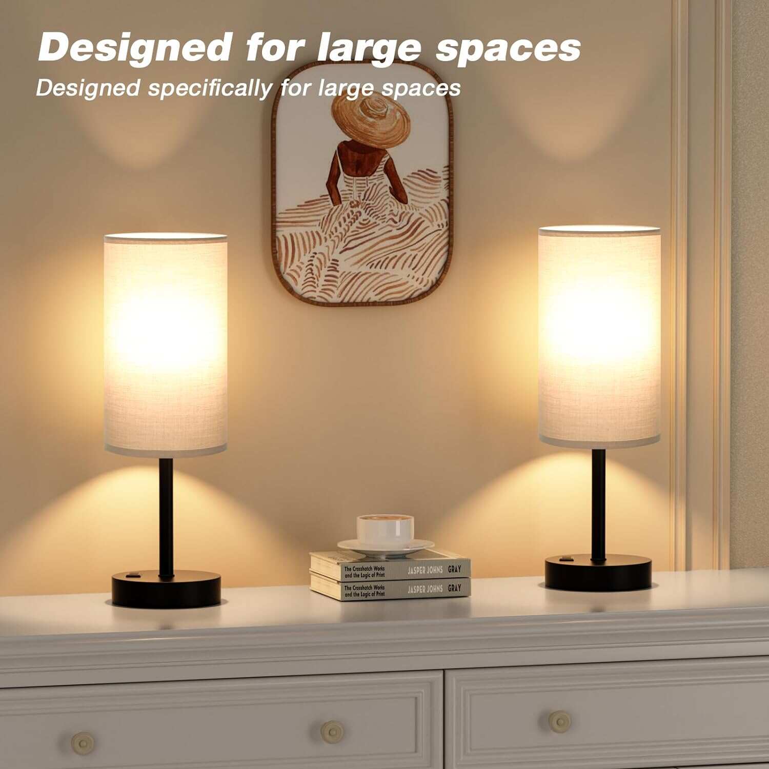 Bedside Table Lamp for Bedroom - 3 Way Dimmable Touch Lamp USB C Charging Ports and AC Outlet, Small Lamp Wood Base Round Flaxen Fabric Shade for Living Room, Desk, LED Bulb Included
