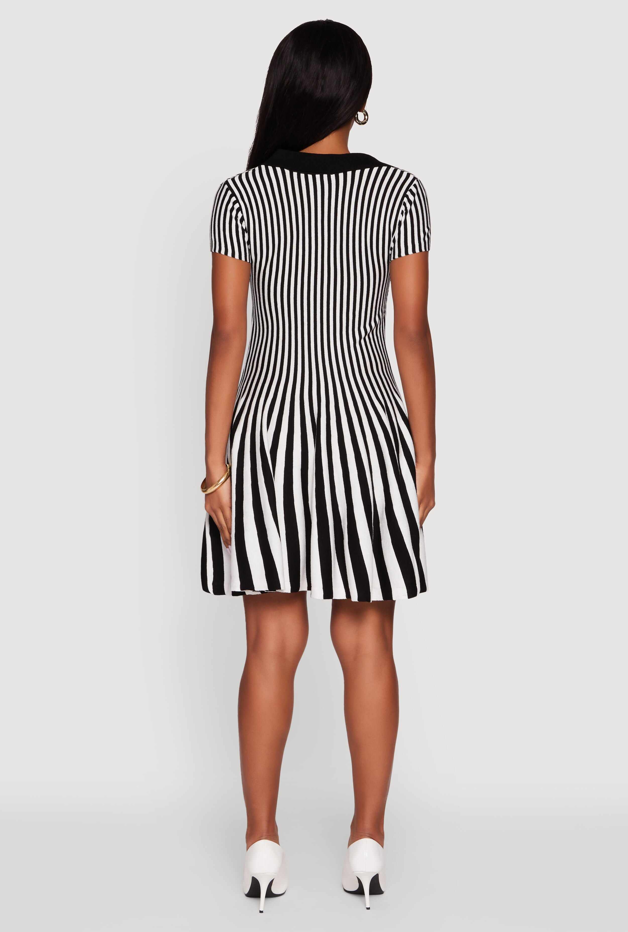 Trendy Striped Short Sleeve Polo Skater Dress