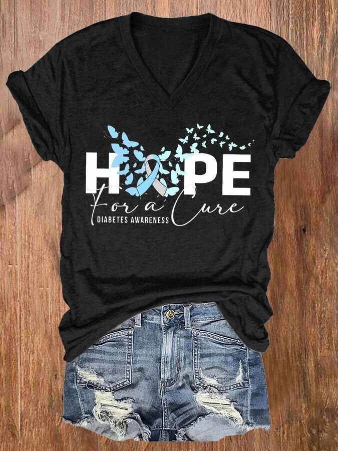 Women's Hope for Cure Diabetes Awareness Butterfly Printed Casual T-Shirt