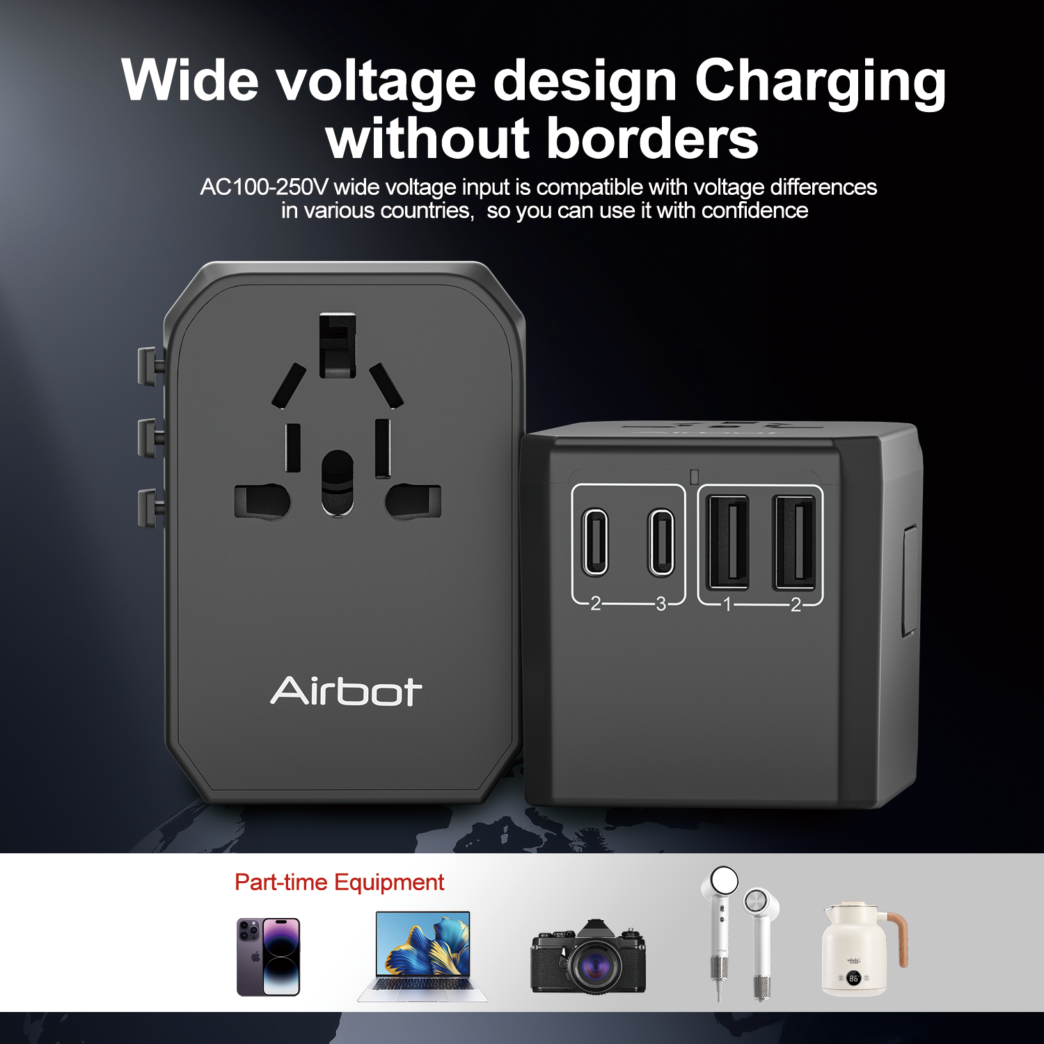 Airbot Air-305MAX Universal Travel Adapter 70W International Worldwide Multi Adapter with USB + Type-C PD