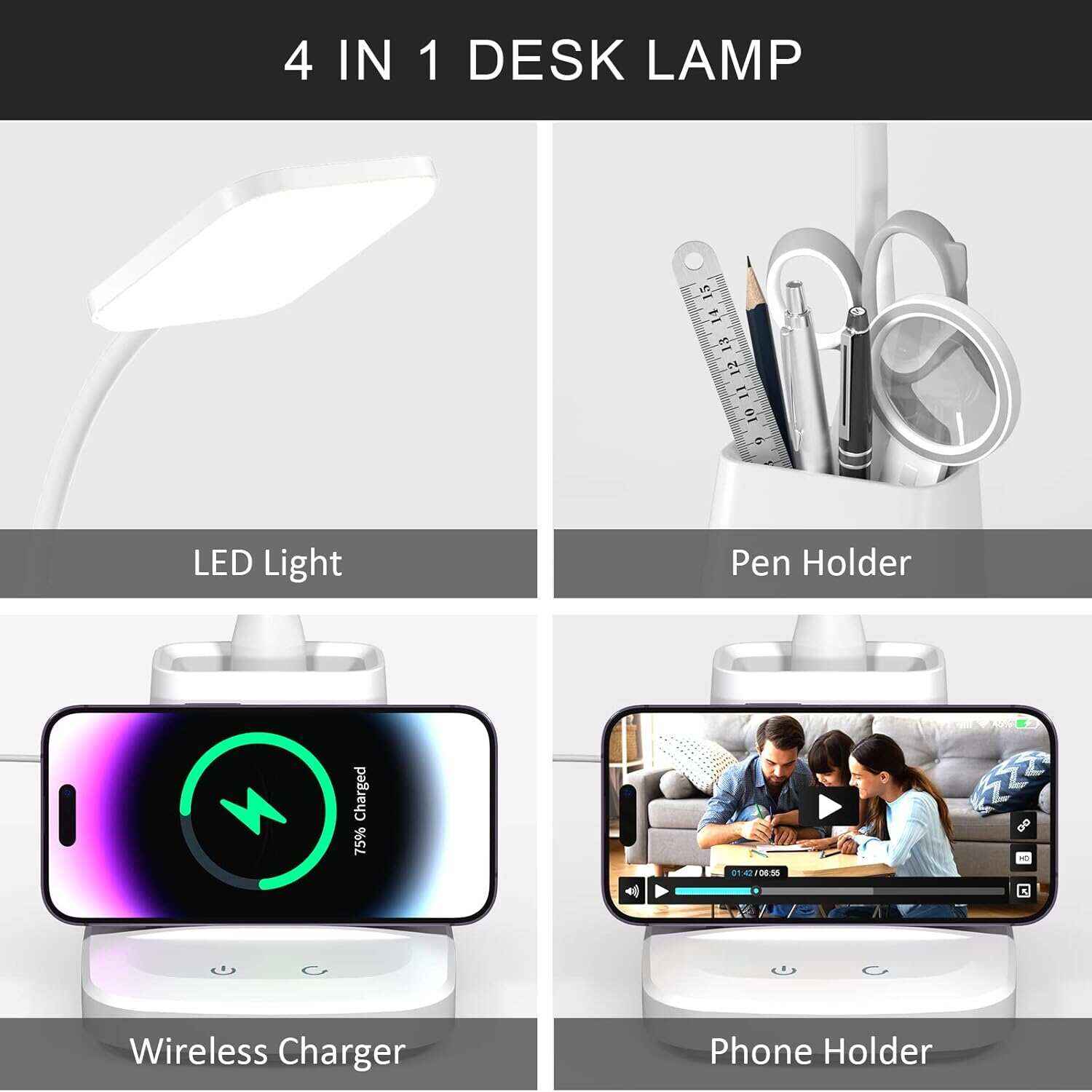Desk Lamp with Wireless Charger, LED Desk Lamps for Home Office, 800 Lumens, Small Desk Lamp with Pen Holder, Flexible Arm, 3 Modes, Dimming, Touch Lamp for College Dorm Room