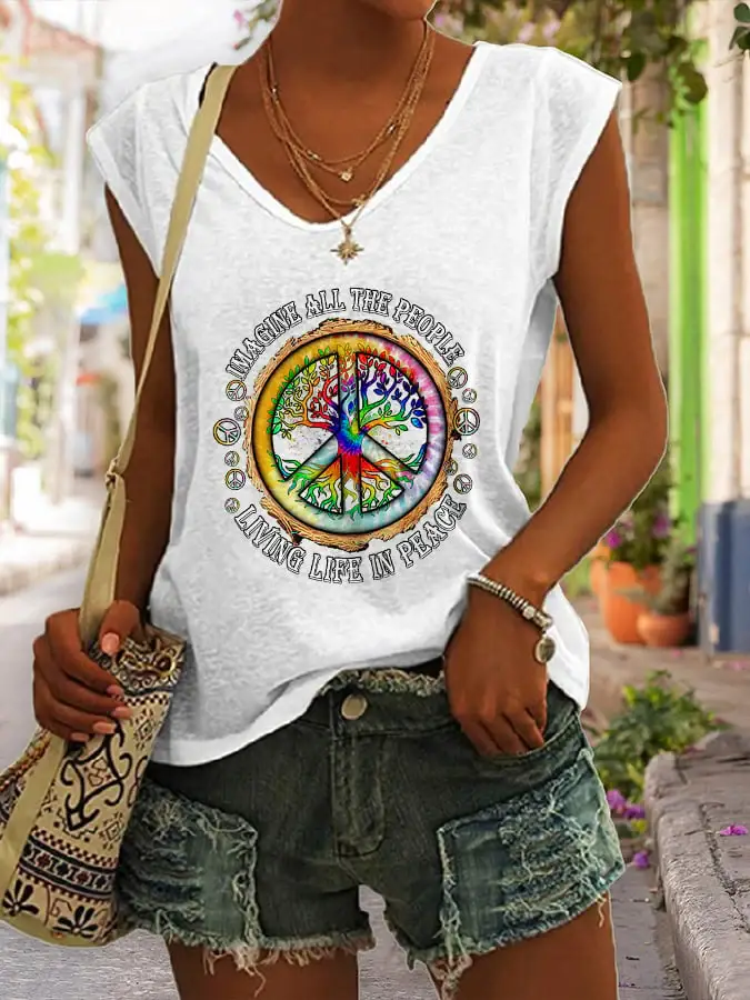 V-neck Hippie Imagine All The People Living Life In Peace Print Tank Top