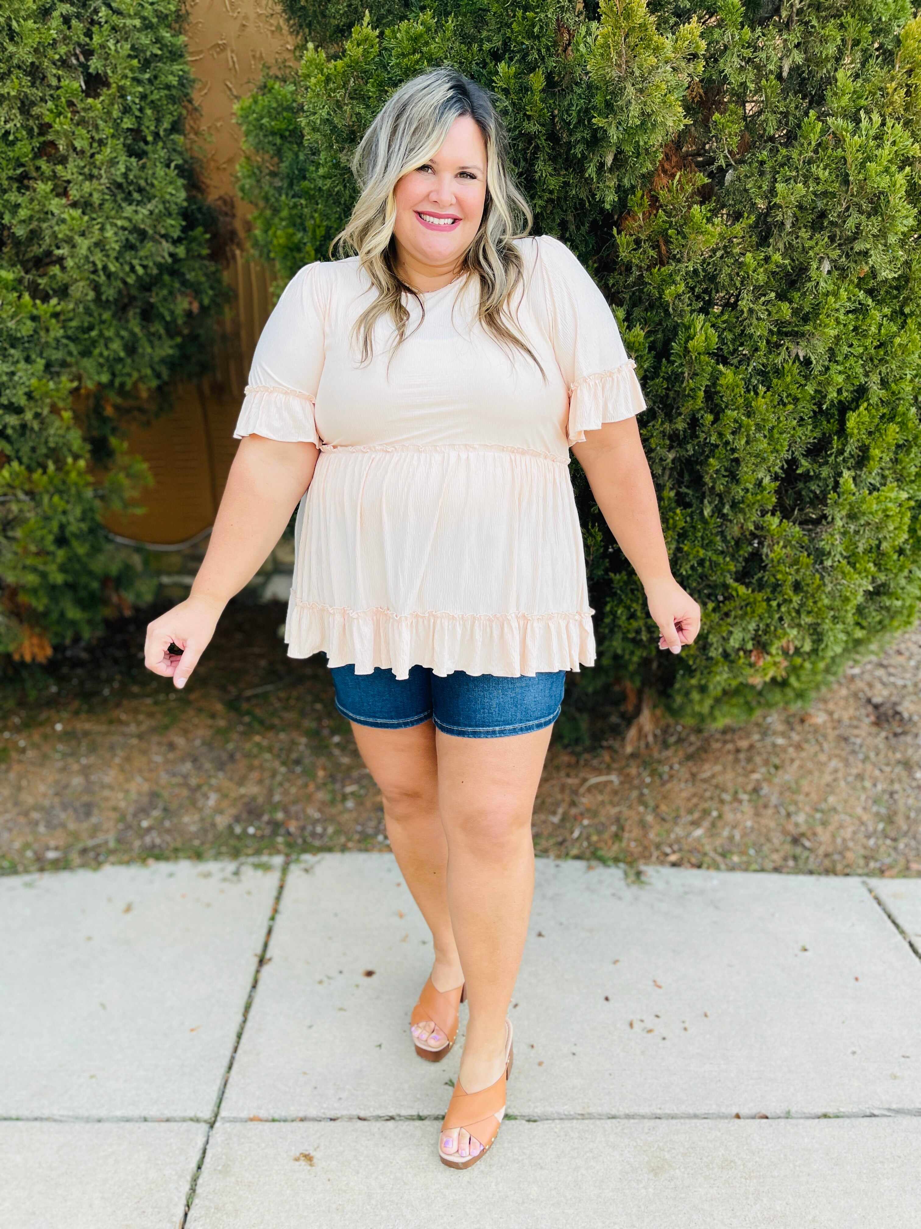 Plus/Reg Sweet Summertime Mid Rise Dark Wash Shorts