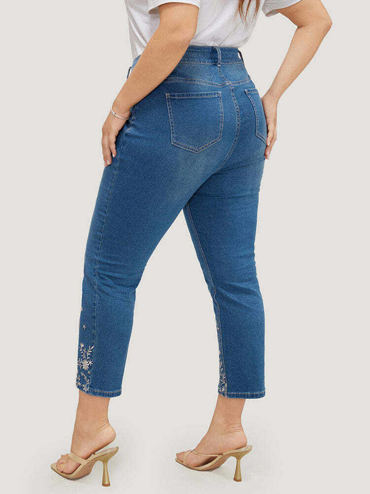 Very Stretchy High Rise Medium Wash Embroidered Hem Jeans