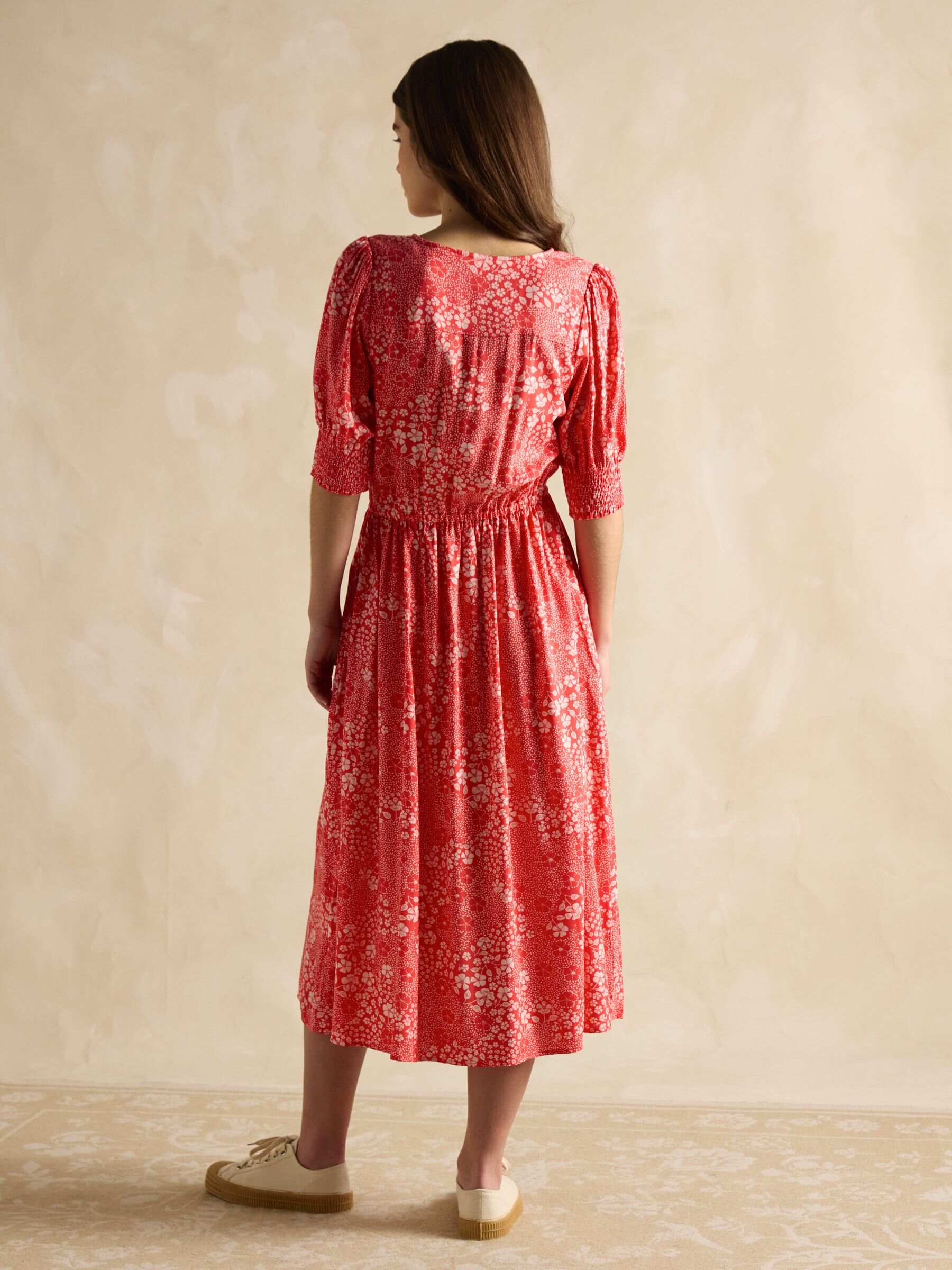 Adele Red V-Neck Elbow Length Sleeve Midi Dress