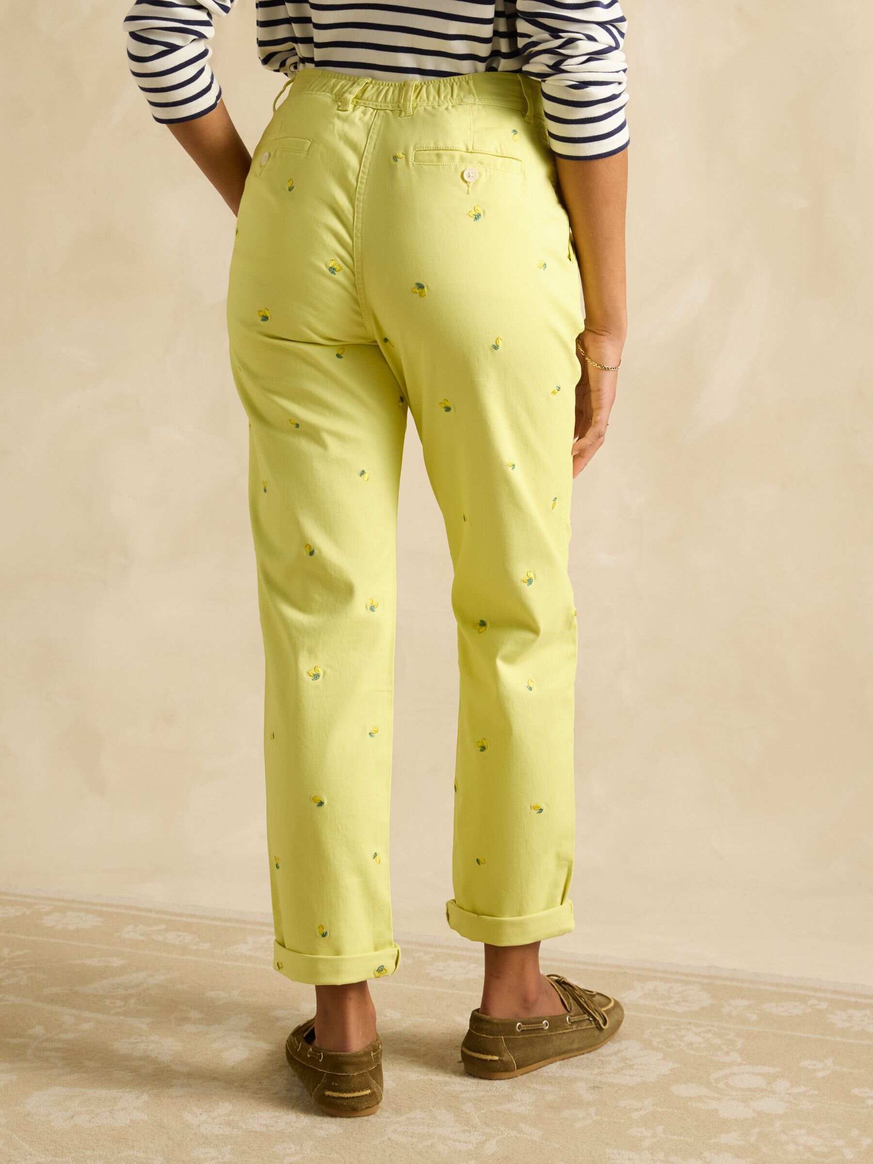 Slim Fit Yellow Lemon Embroidered Chino Trousers