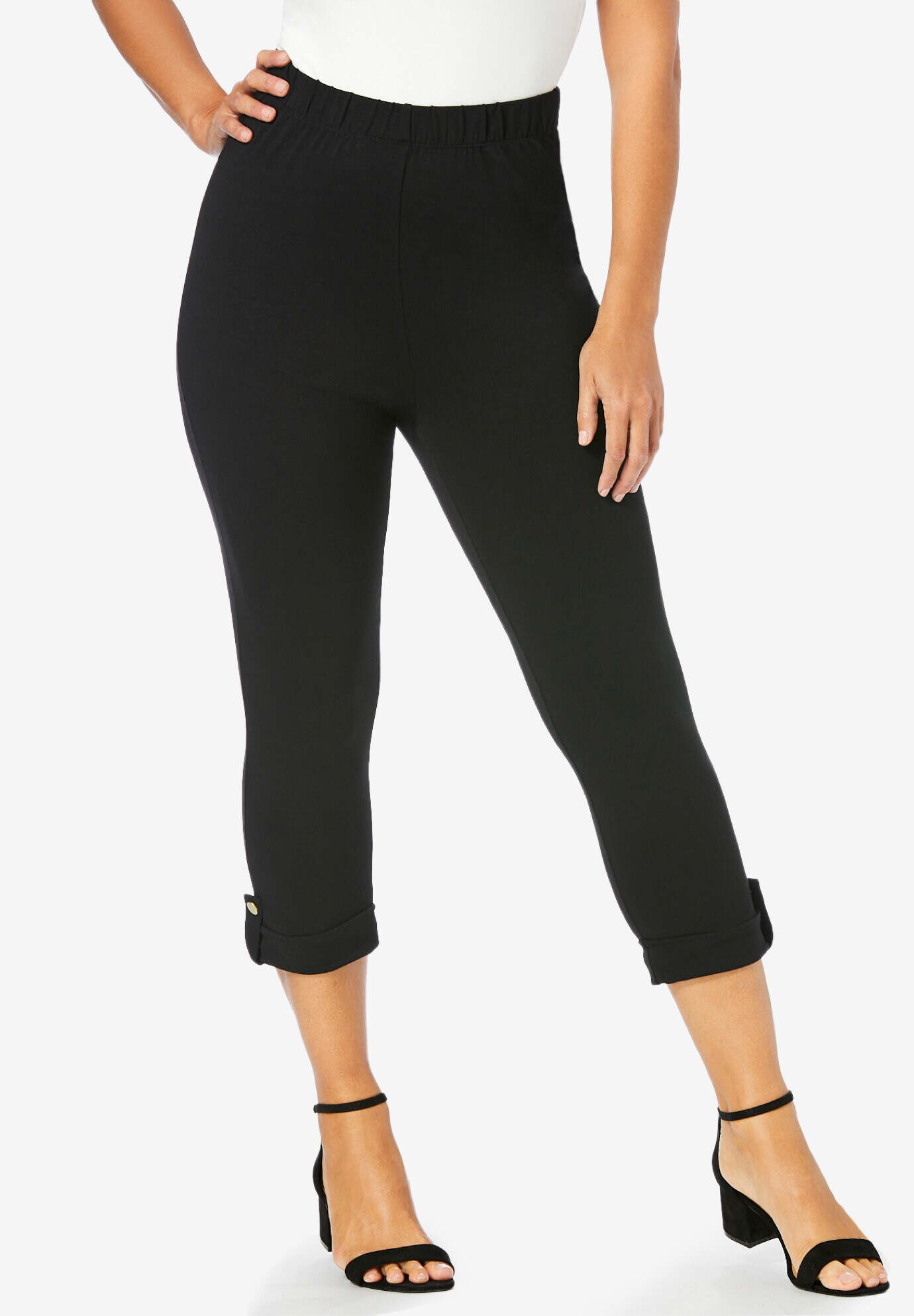 Stretch Cotton Cuff-Button Capri Legging