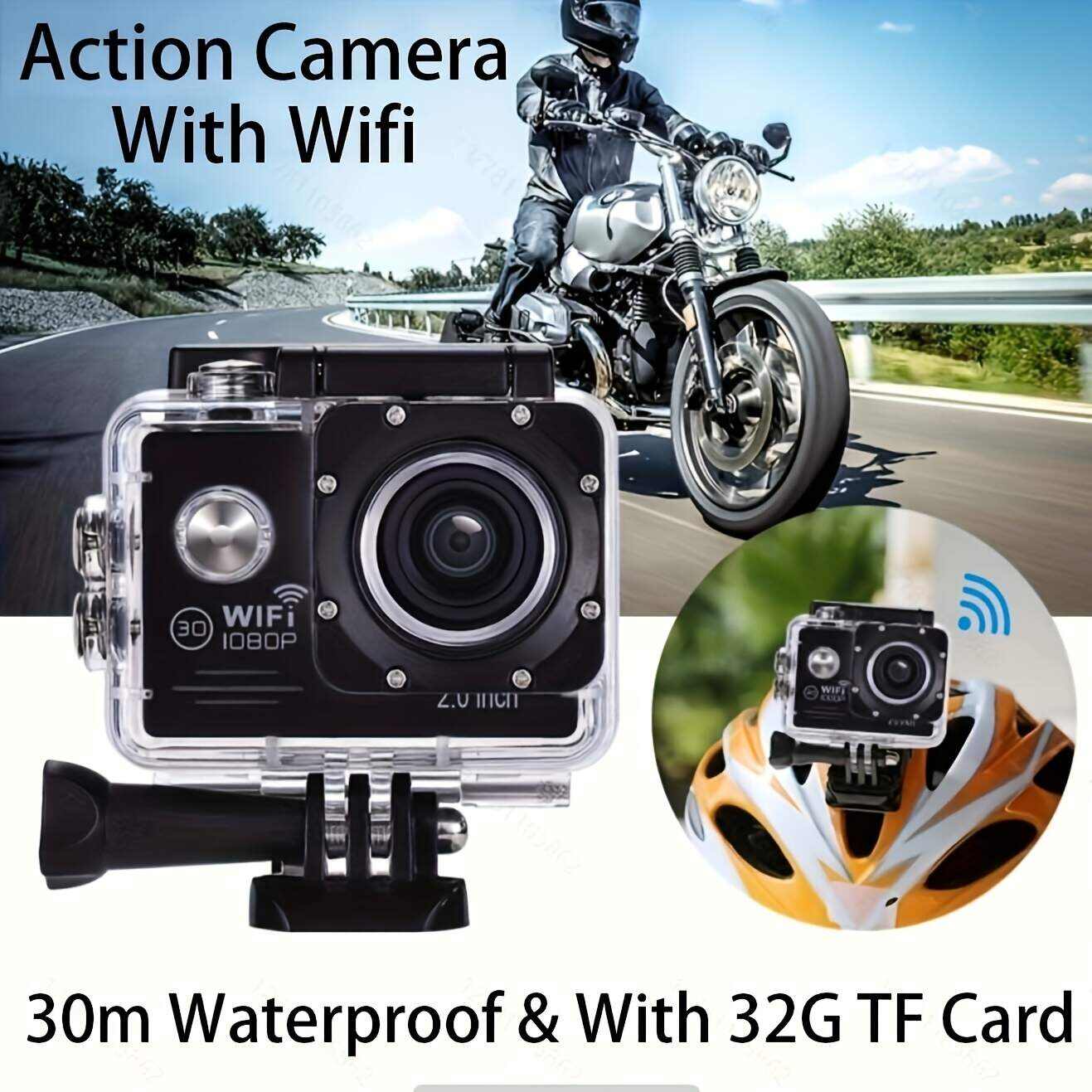 (Built-in Battery) Wifi HD 1080 Action Camera 30m Waterproof Underwater Camera 140 Degrees Ultra-wide Angle Lens Convenient Waterproof Action Camera 2 Inch Display Wifi Camera Multiple Languages Optional Waterproof Camera With 32G TF Card For Thanksgiving