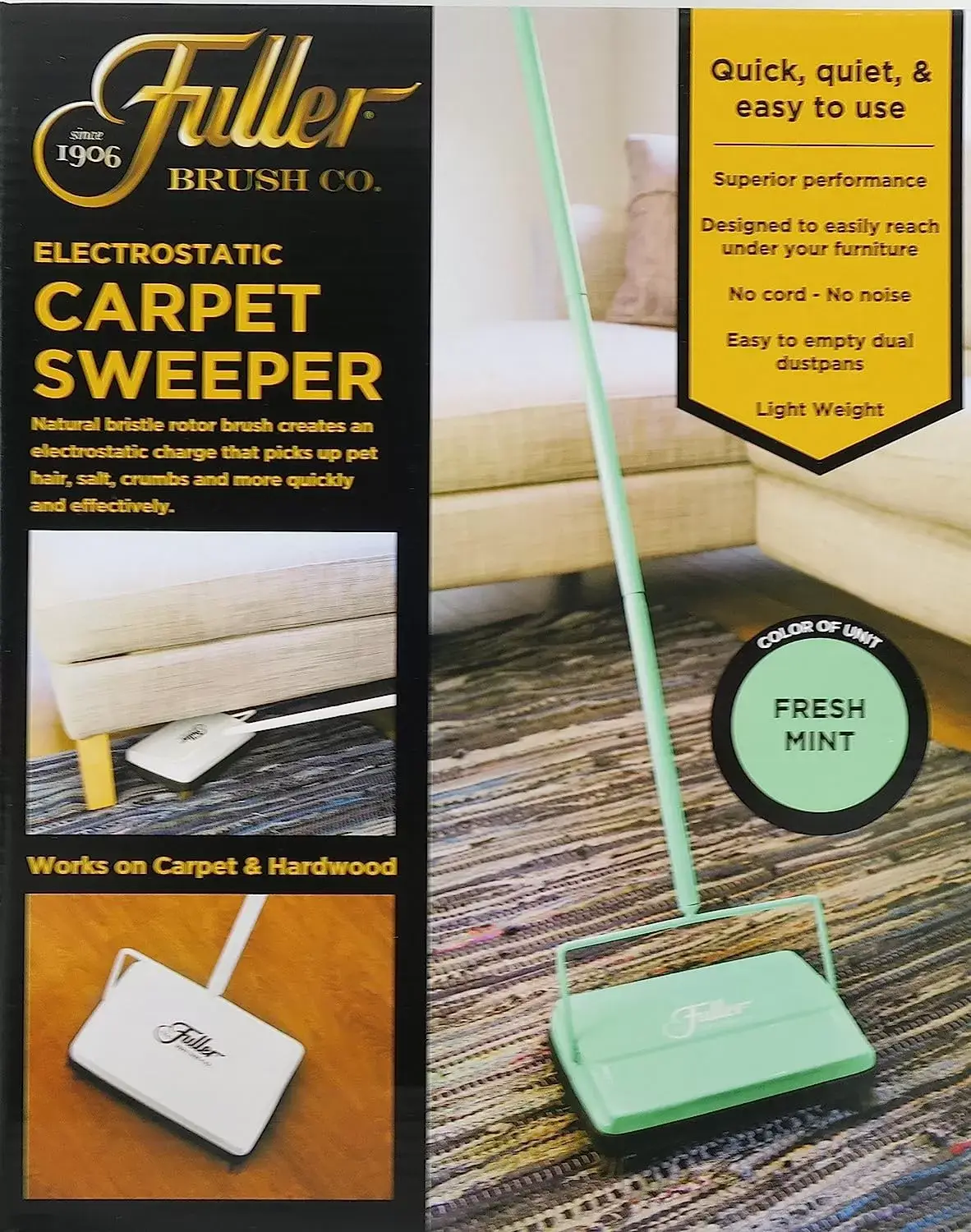 Fuller Brush 17027 Carpet & Floor Sweeper- Mini Stick Cleaner For Hardwood Surfaces, Wood Floors, Laminate, Tile- Small & Portable For The Home Or Office - Cleans Dust Pet Hair- Electrostatic & Silent