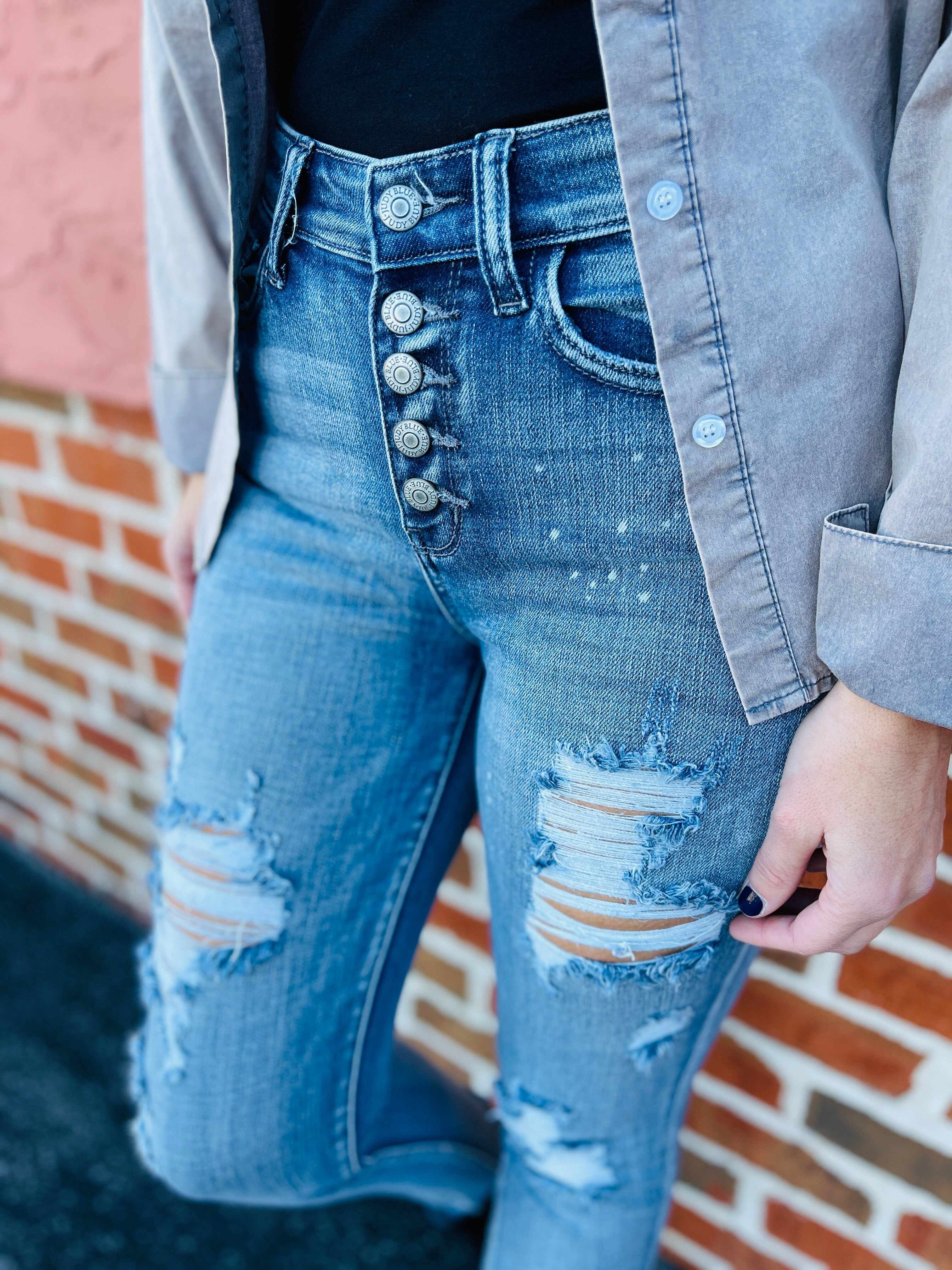 RESTOCK PLUS/REG Not A Basic Bleach Splatter Button Fly Skinny Jeans