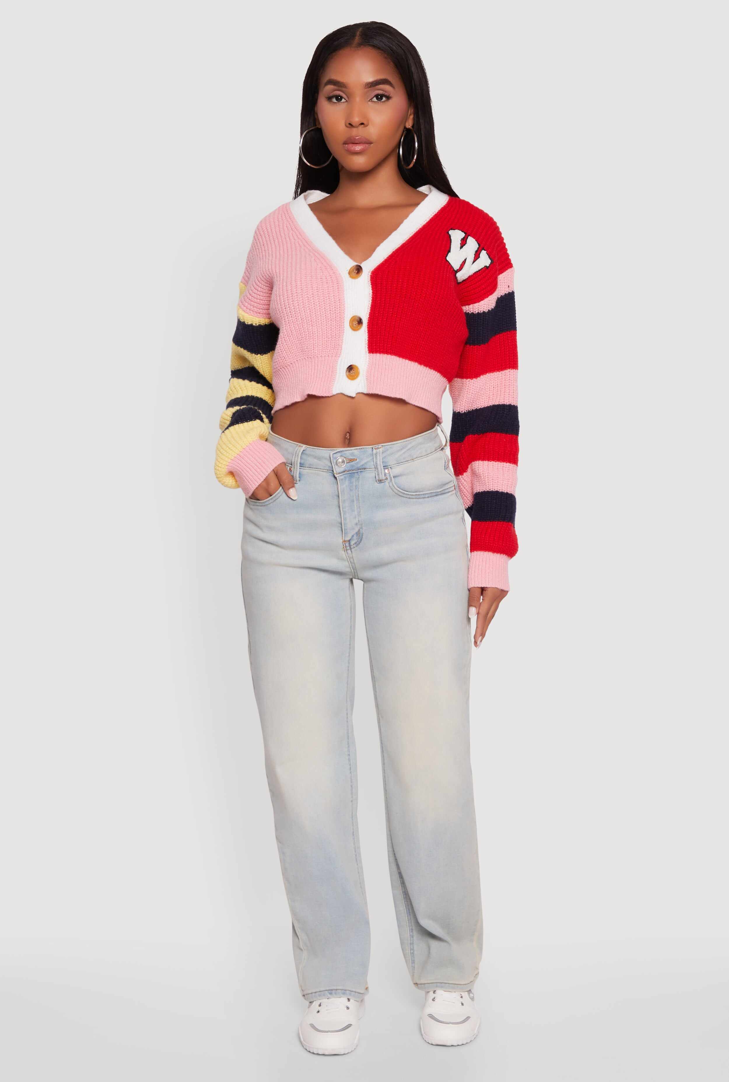 Daisy Color Block Patch Cropped Button Front Cardigan