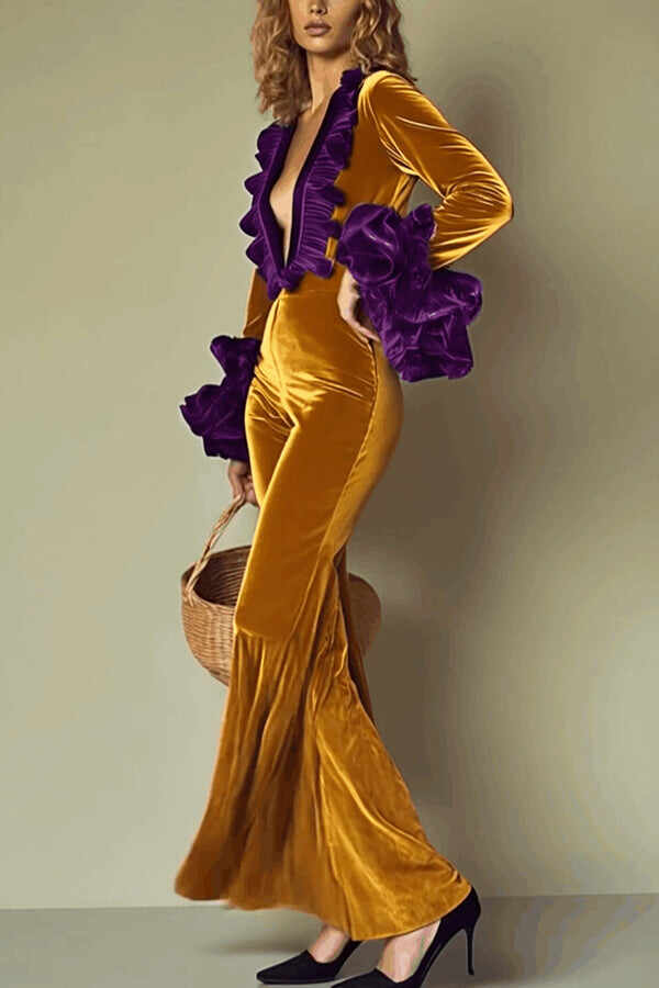 Gold Velvet Contrast Color Stitching Long-sleeved V-neck Jumpsuit