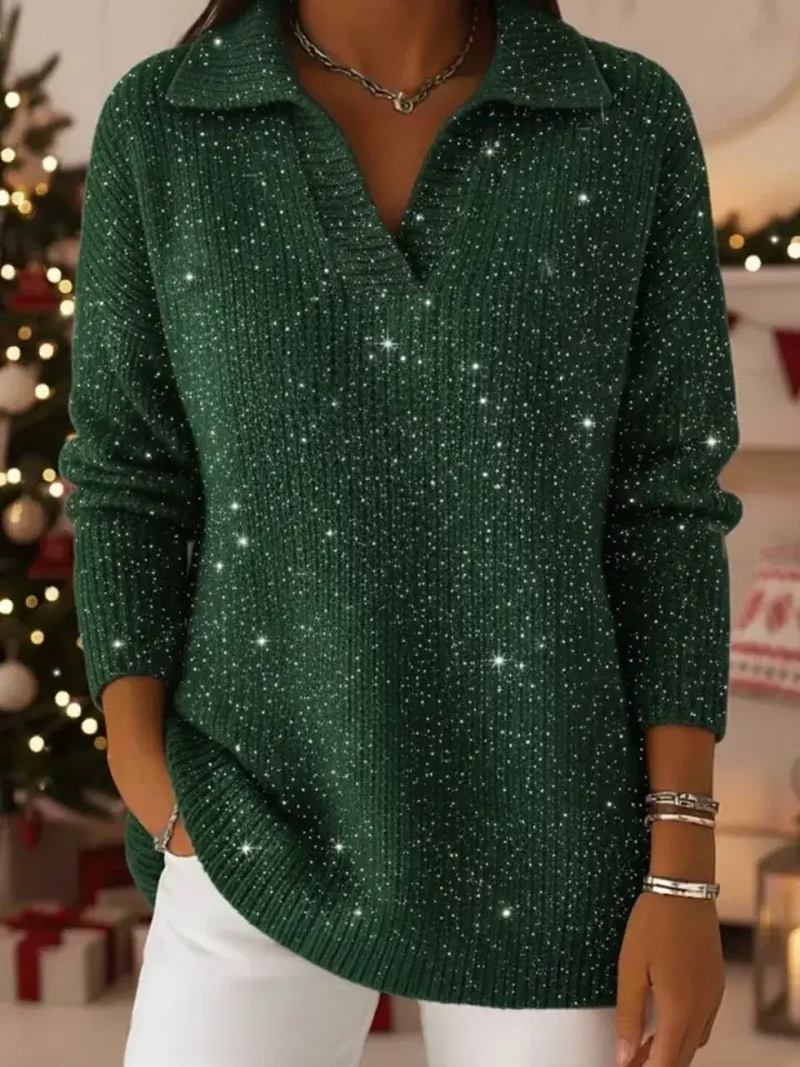 🔥Summer Arrivals🌟Christmas Party Polo Collar Shiny Loose Sweater Top