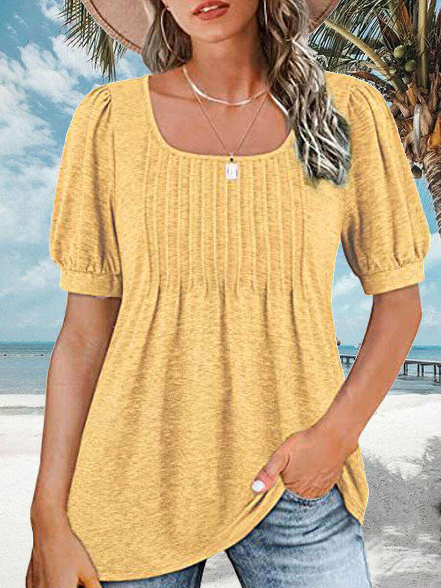 Square Neck Casual Loose Solid Color Short Sleeve T-Shirt