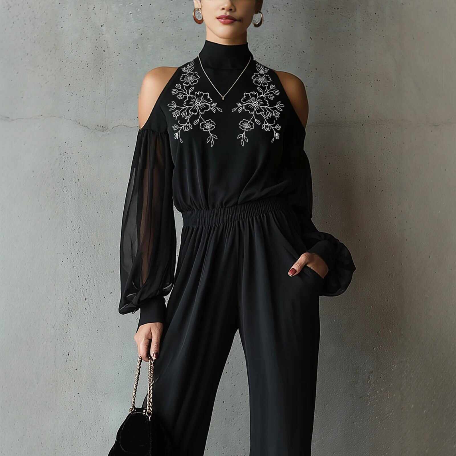 Black Embroidered Women'S Long-Sleeved Jumpsuit