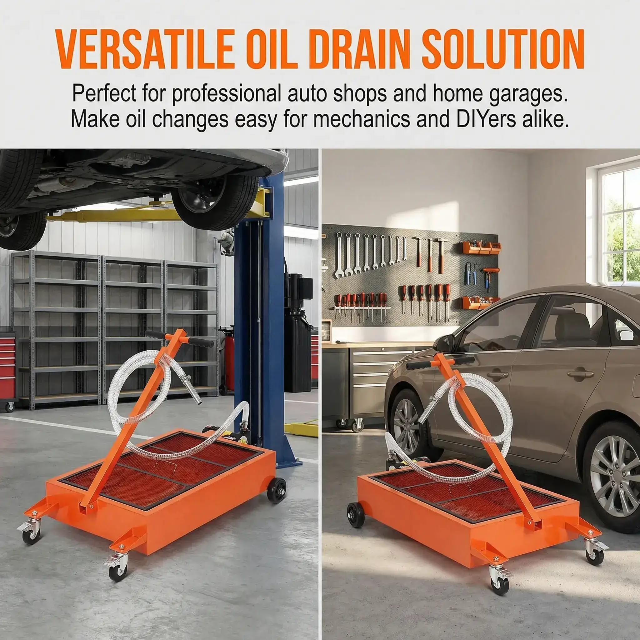 Oil Drain Pan-20/15 Gallon Low Profile  with Pump (Electric/Manual Options),Heavy Duty Portable Waste Fluid Drain Tub with 8ft Hose & Folding Handle for Trucks, SUVs, Cars