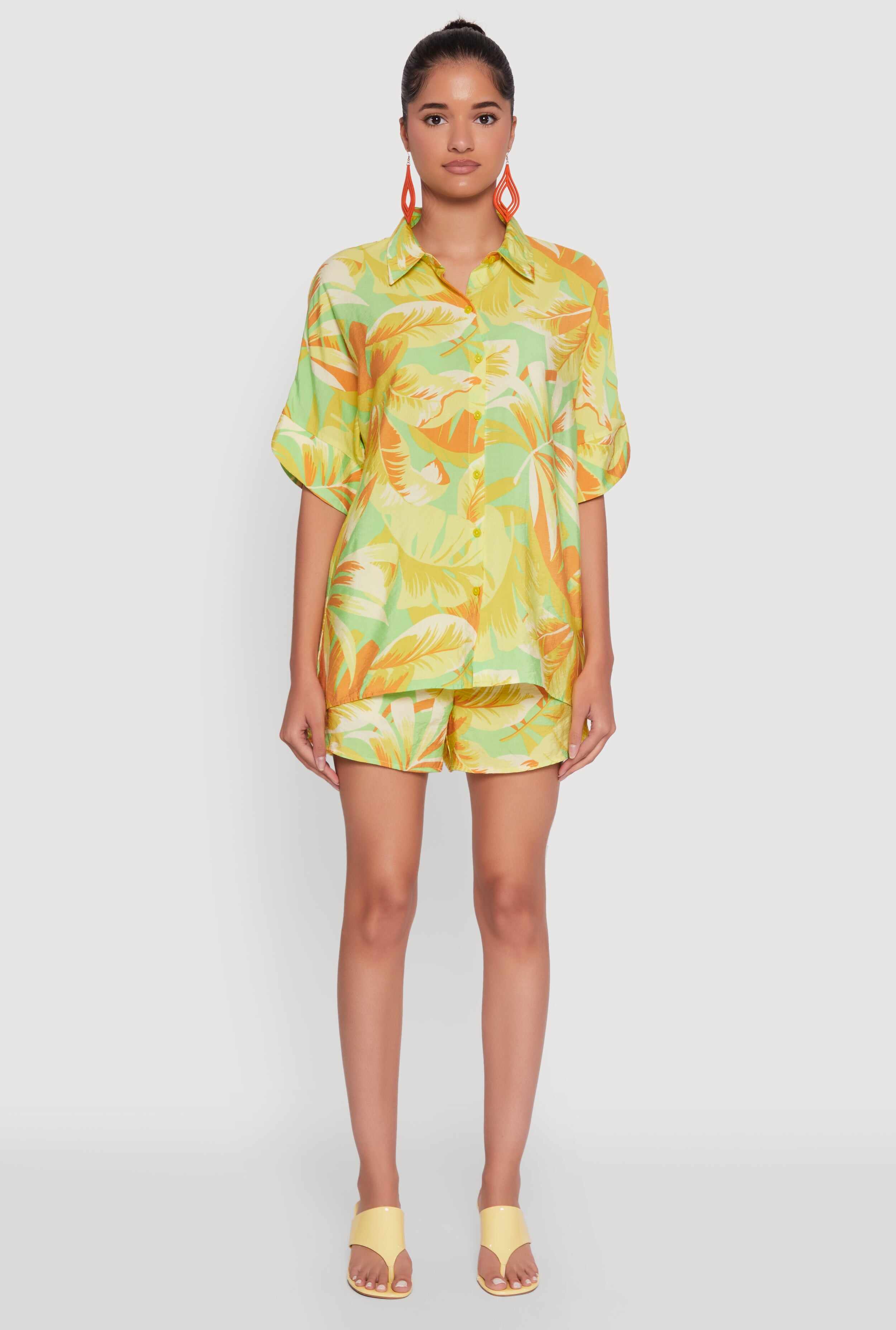 Trendy Leaf Print Crepe Knit Button Front Shirt