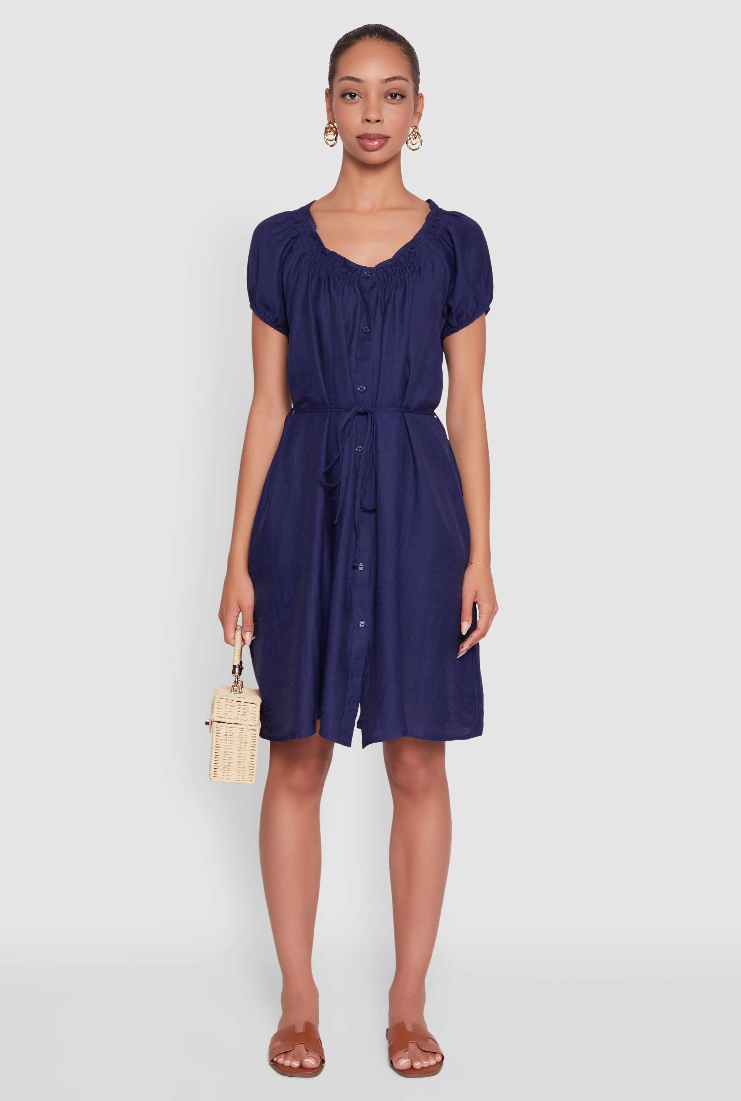 Chic Linen Peasant Dress with Pockets and Tie Waist Belt